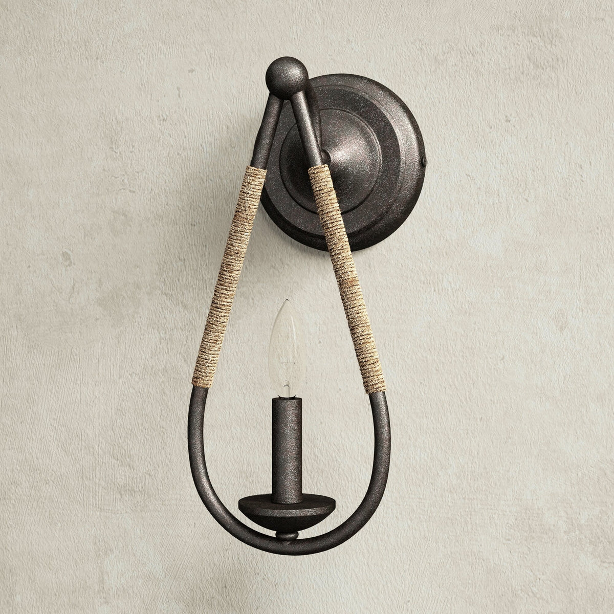 Meridian Wall Lamp - Teardrop Black Iron & Rope Indoor/Outdoor Sconce