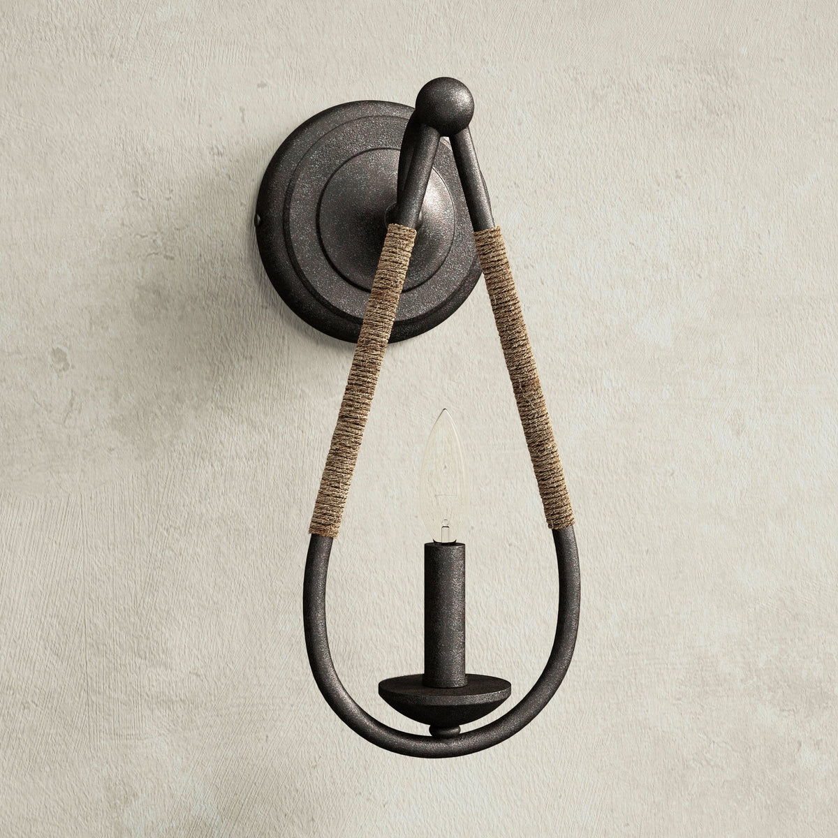 Meridian Wall Lamp - Teardrop Black Iron & Rope Indoor/Outdoor Sconce