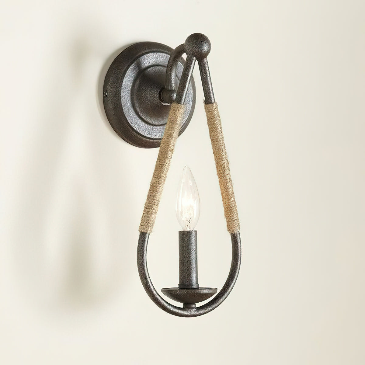 Meridian Wall Lamp - Teardrop Black Iron & Rope Indoor/Outdoor Sconce