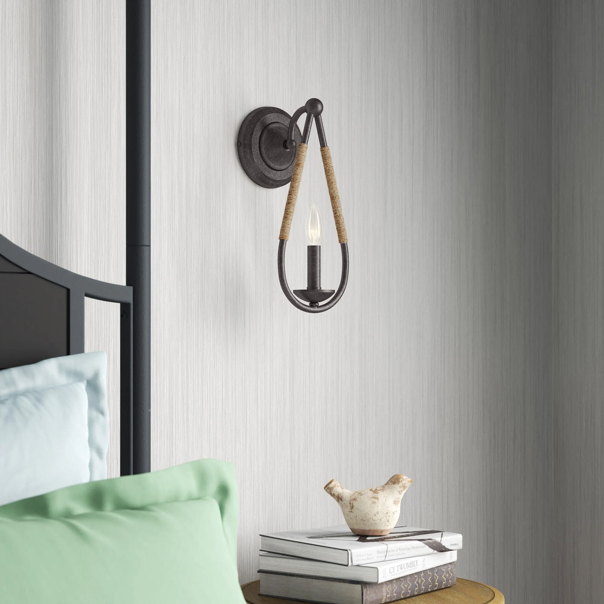 Meridian Wall Lamp - Teardrop Black Iron & Rope Indoor/Outdoor Sconce
