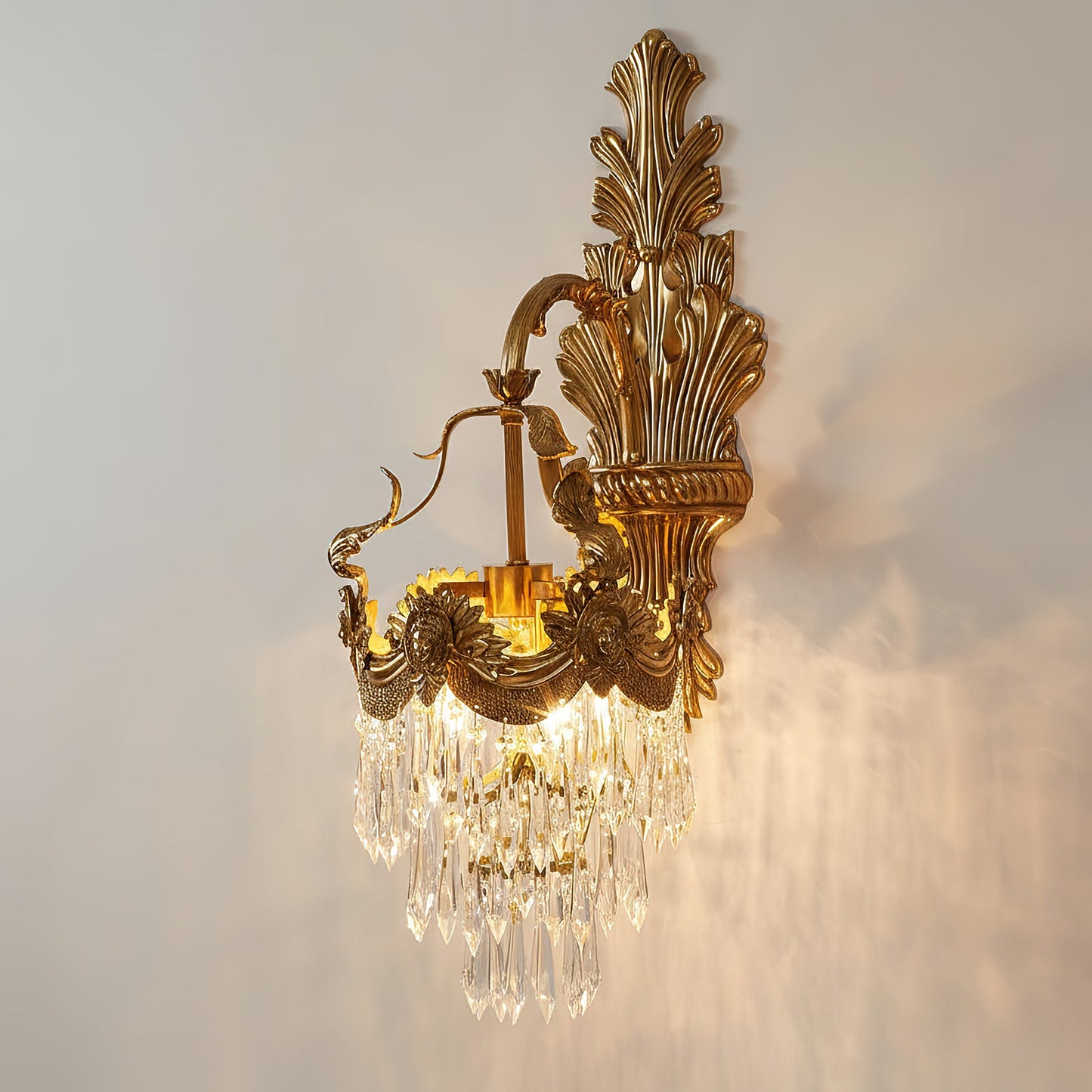 Mesas Brass Wall Lamp - Architectural Brass & Crystal Accent Wall Sconce