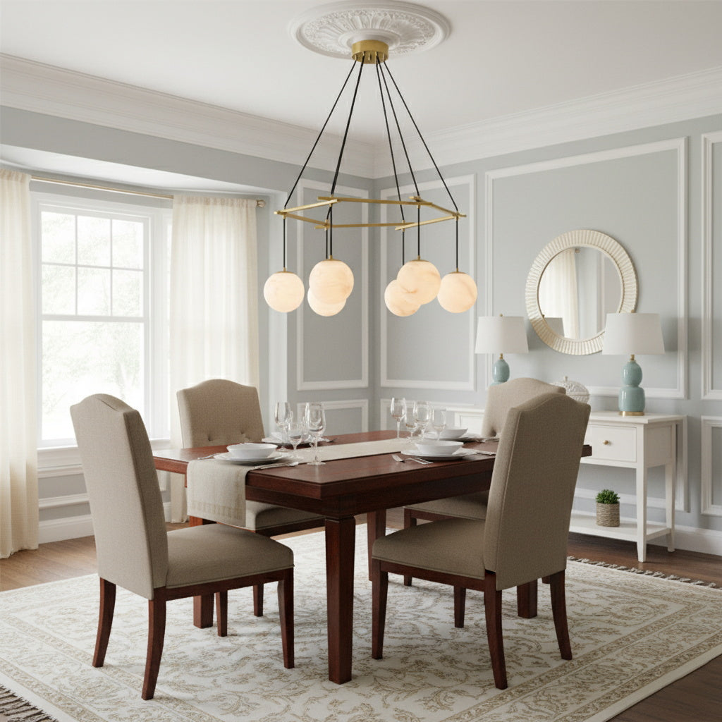 Miira Alabaster Chandelier - Natural Brass & Carved Alabaster Orb Pendant