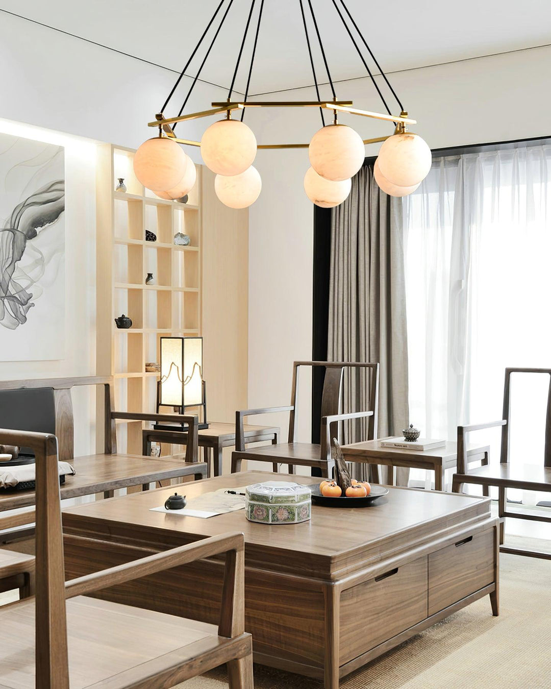 Miira Alabaster Chandelier - Natural Brass & Carved Alabaster Orb Pendant