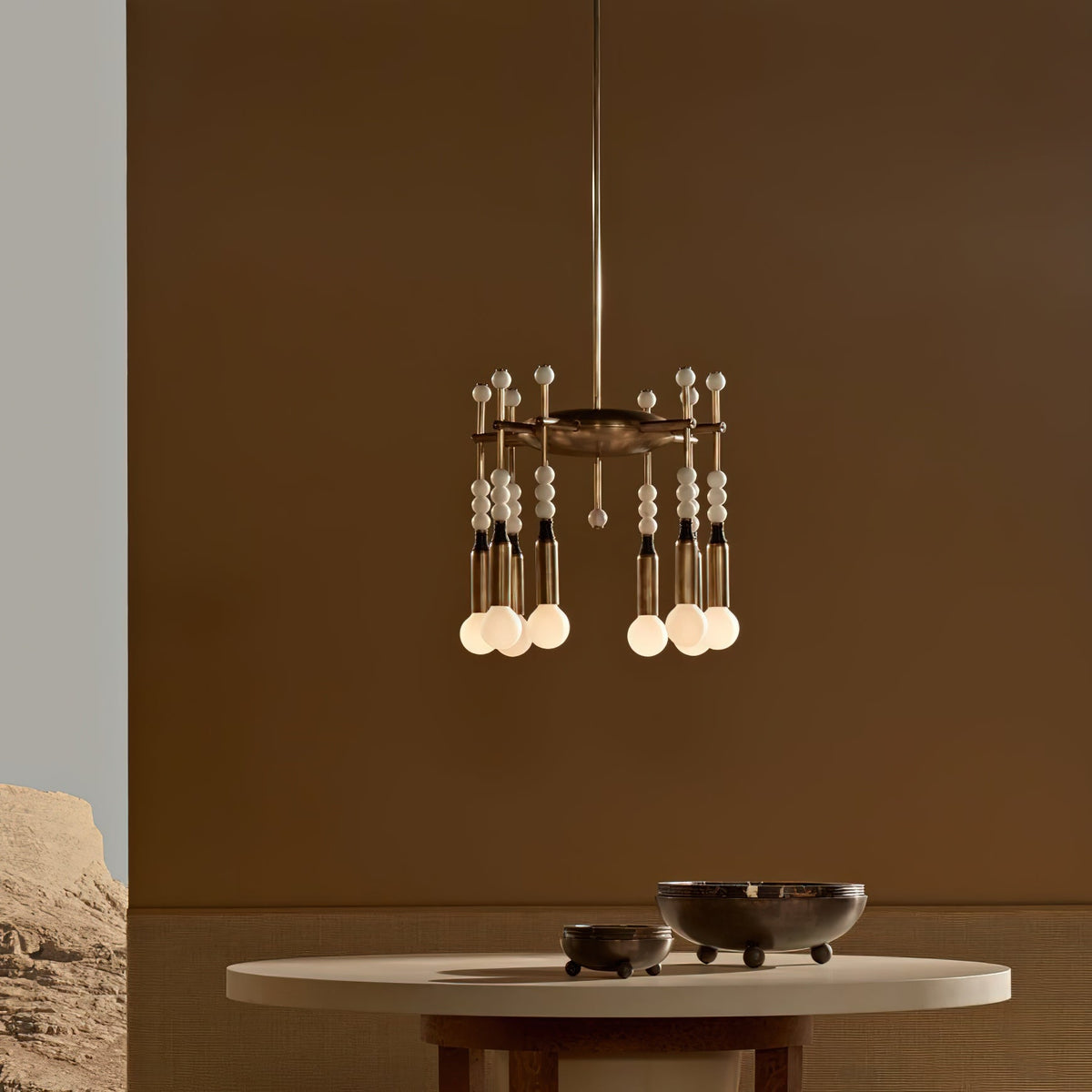 Millie Chandelier - Marble Beadwork & Leather-Bound Brass Pendant
