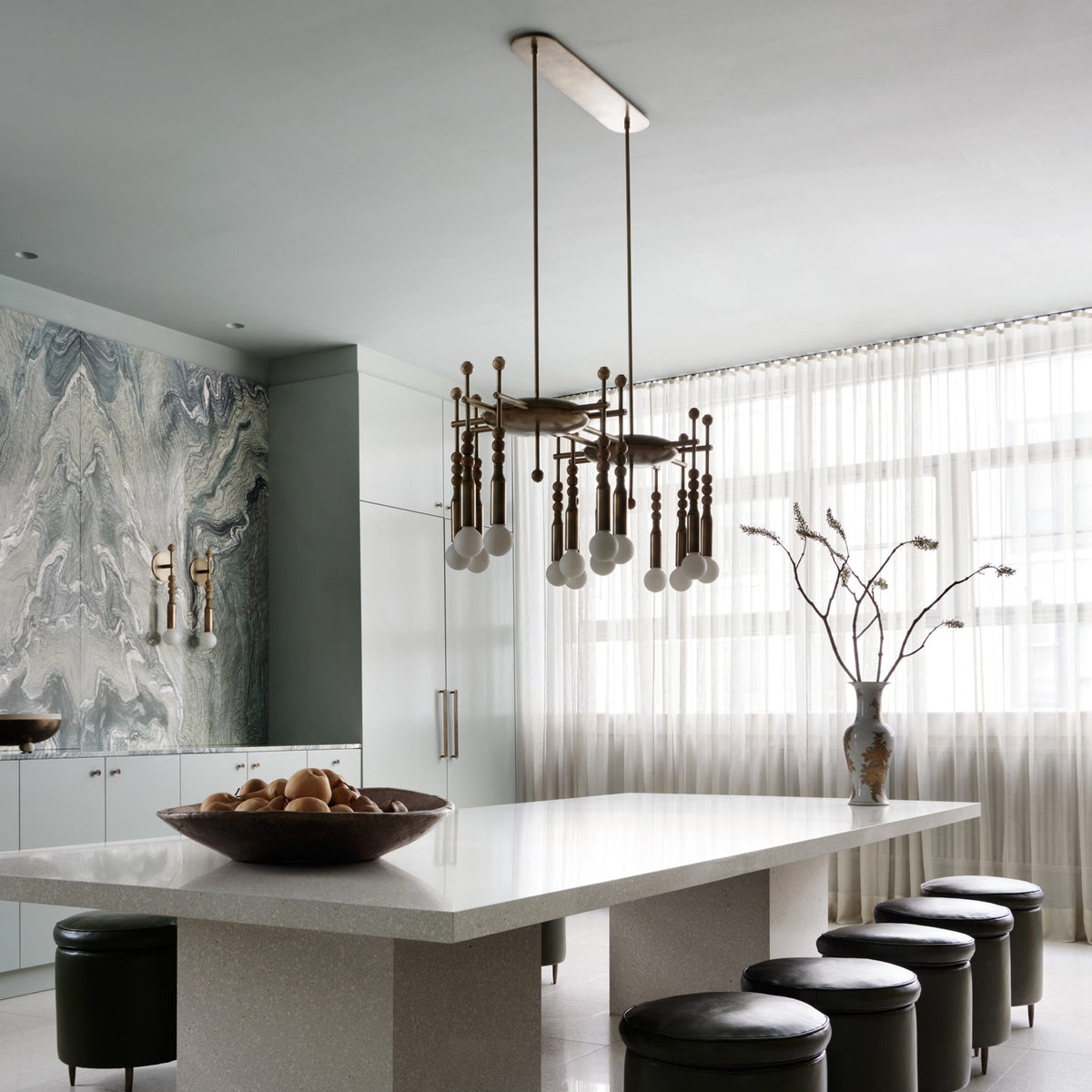 Millie Chandelier - Marble Beadwork & Leather-Bound Brass Pendant