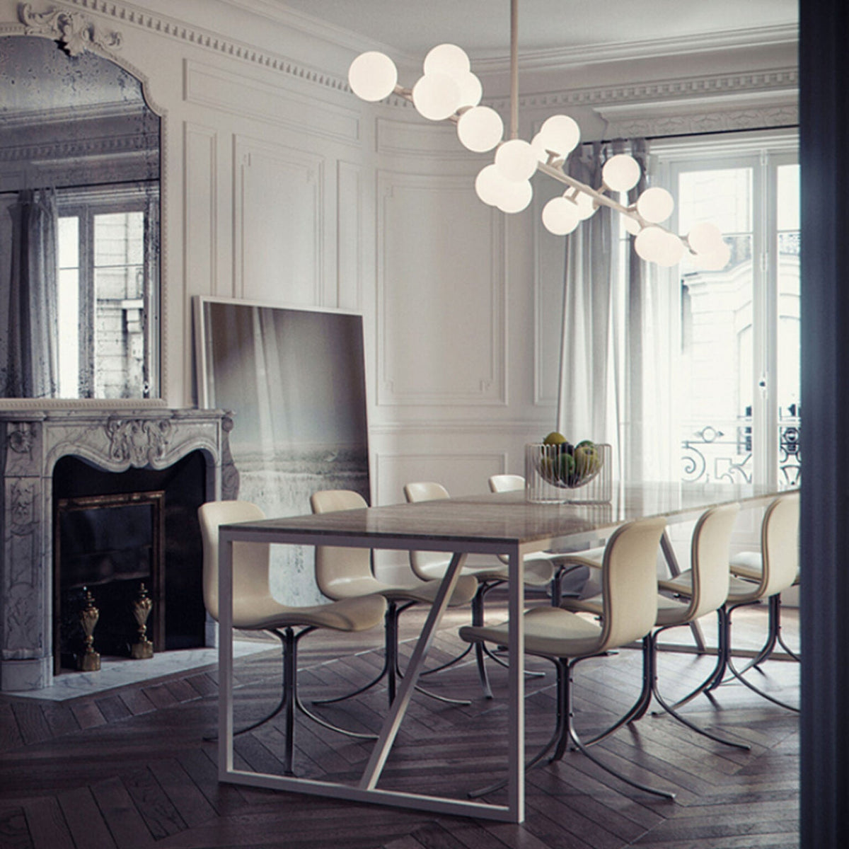 Mimosa Chandelier - Minimalist Asymmetrical Arm & Opal Glass Globe Pendant