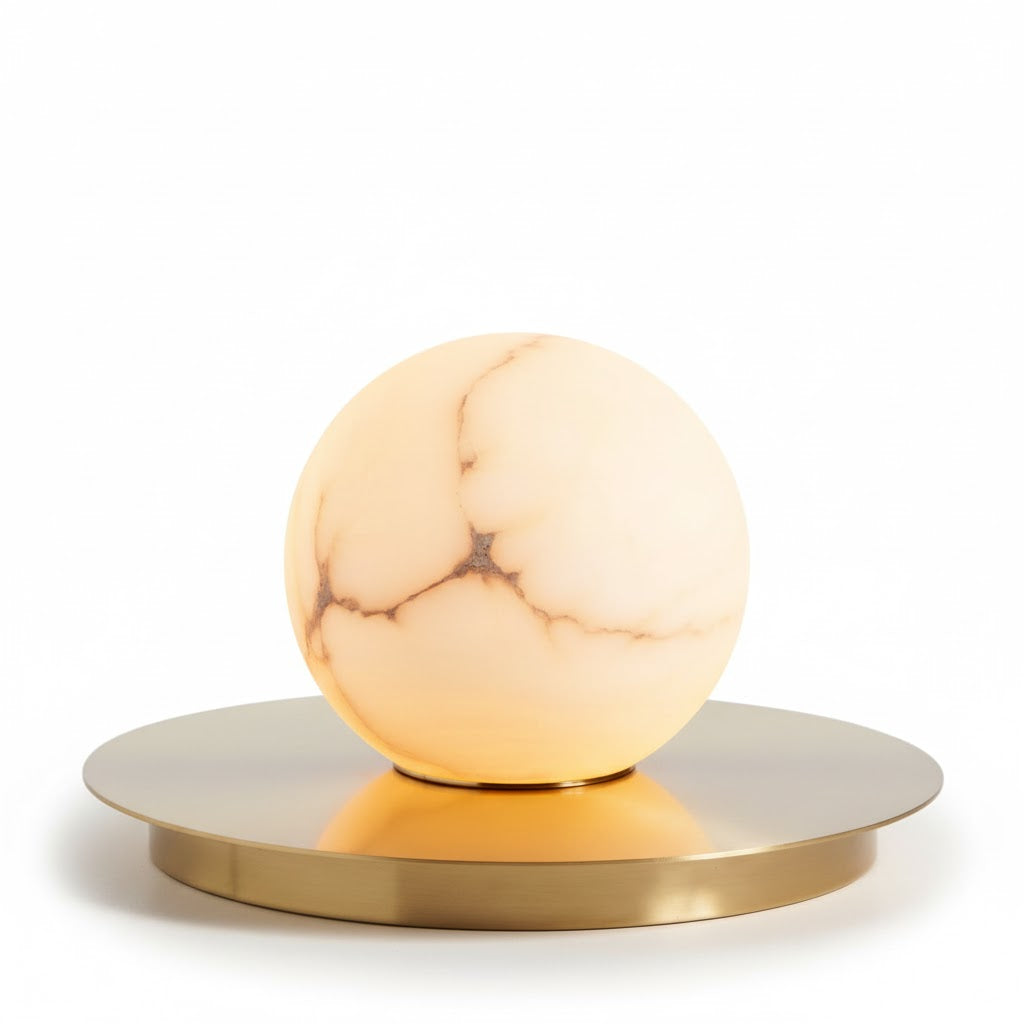 Mini Alabaster Moon Table Lamp - Spherical Natural Alabaster & Brass Accent Light