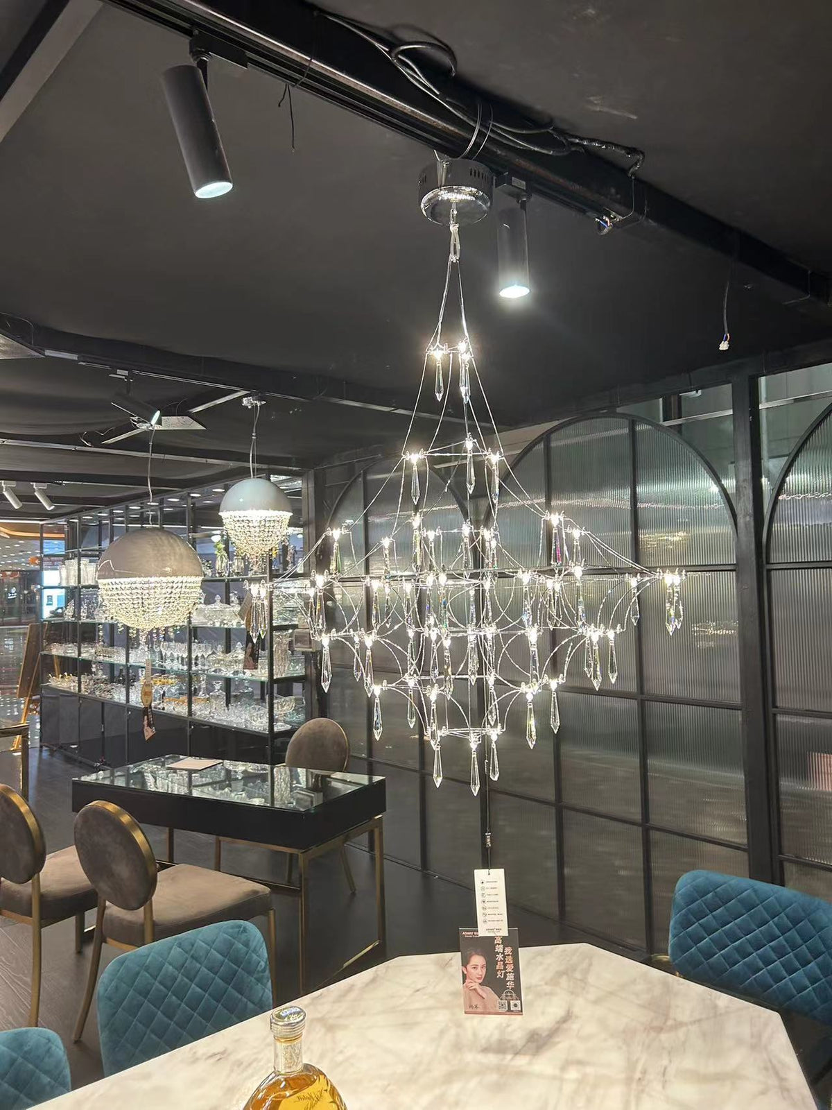 Mira Chandelier - Sparkling Crystal Light Net & Stainless Steel LED Pendant