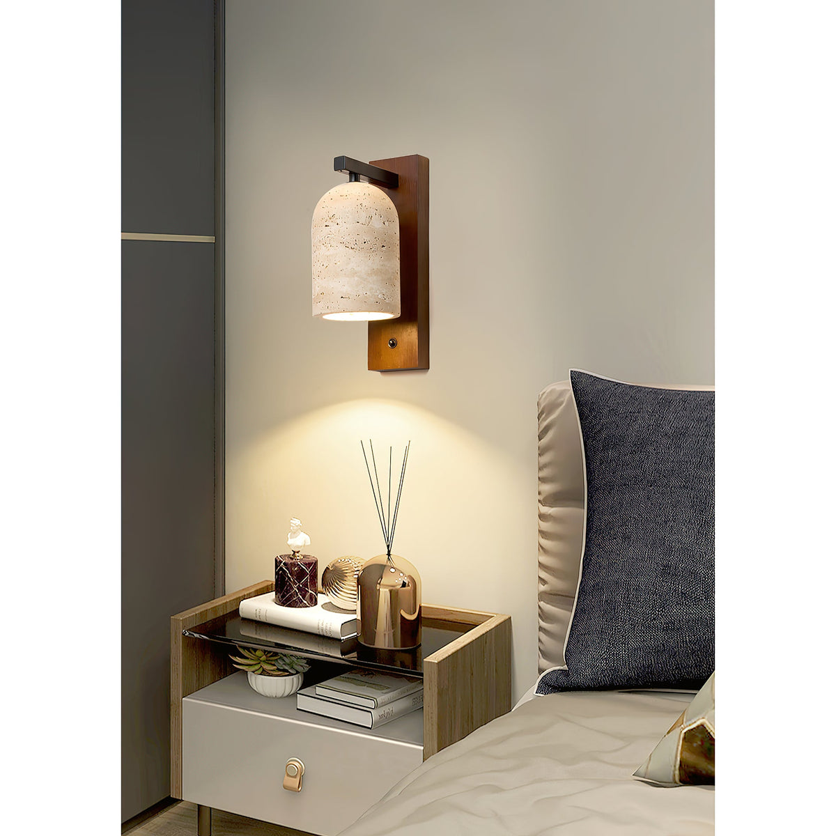 Mirabelle Wall Lamp - Natural Travertine Shade & Solid Wood Sconce