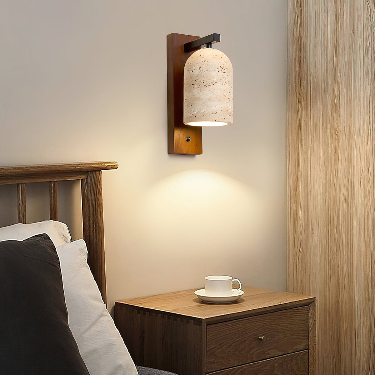 Mirabelle Wall Lamp - Natural Travertine Shade & Solid Wood Sconce