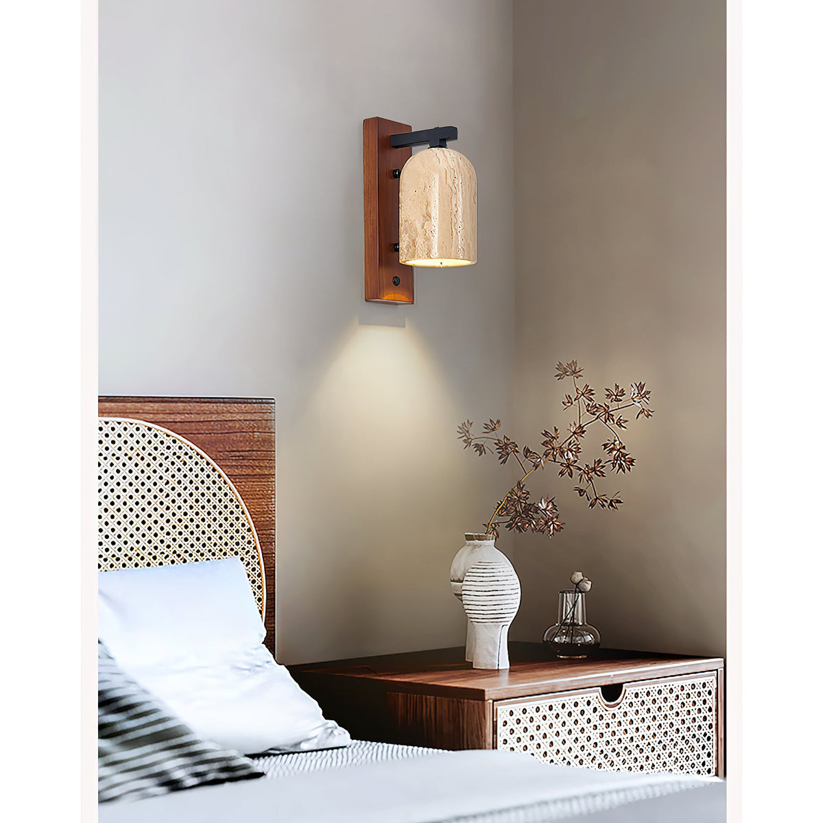 Mirabelle Wall Lamp - Natural Travertine Shade & Solid Wood Sconce
