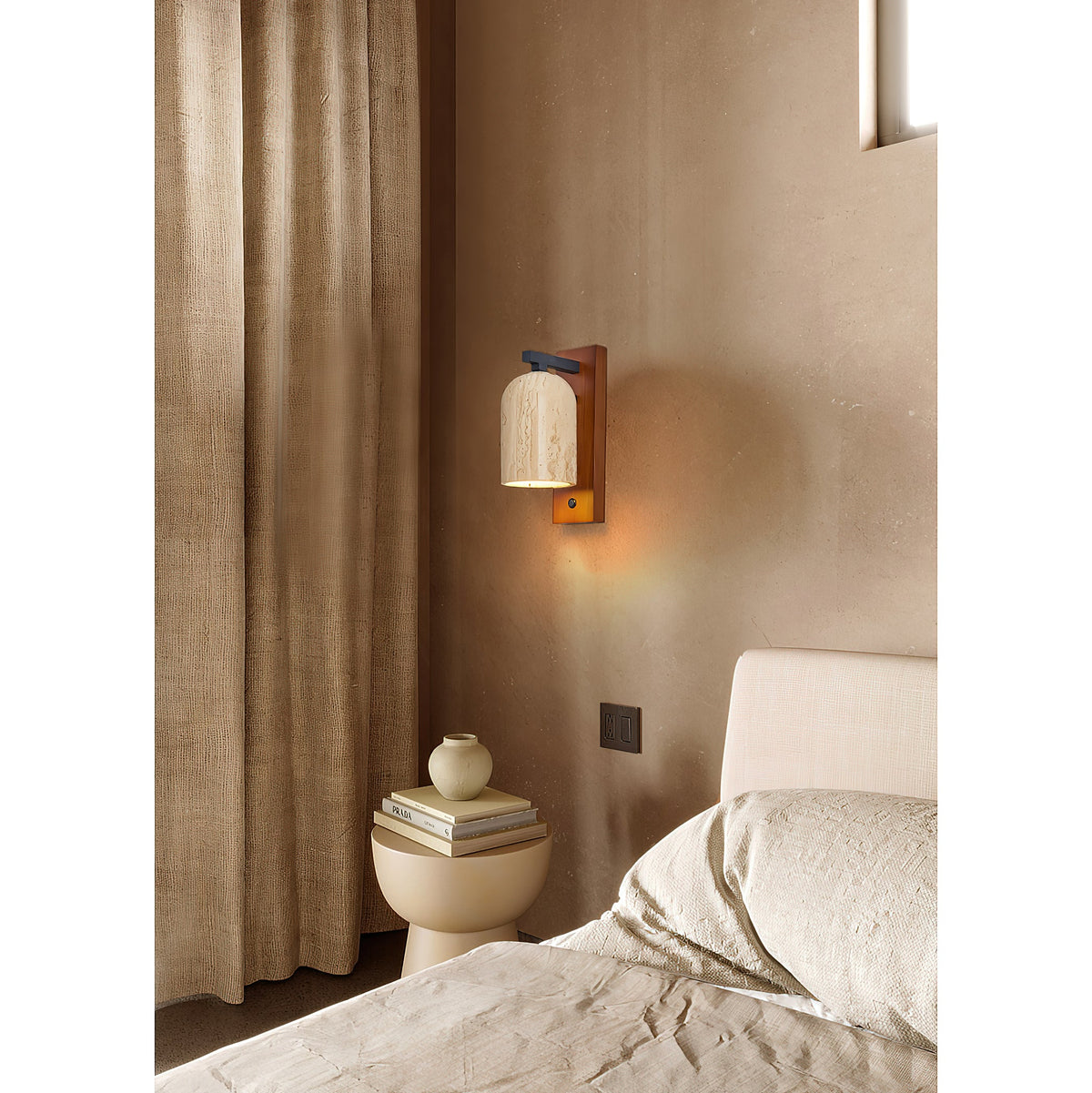 Mirabelle Wall Lamp - Natural Travertine Shade & Solid Wood Sconce