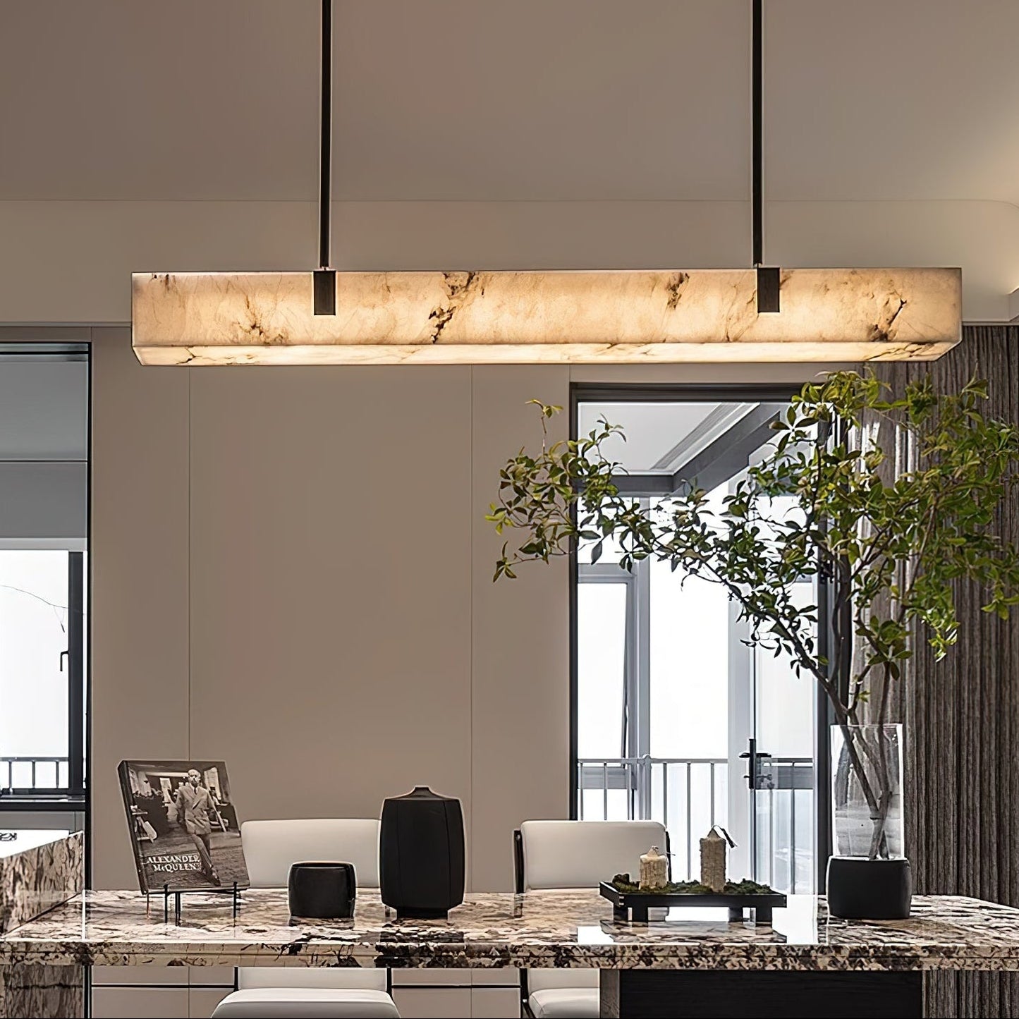 Mission Alabaster Chandelier - Linear Solid Brass & Spanish Alabaster LED Pendant