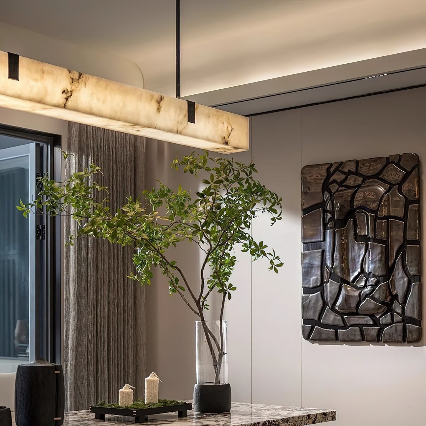 Mission Alabaster Chandelier - Linear Solid Brass & Spanish Alabaster LED Pendant
