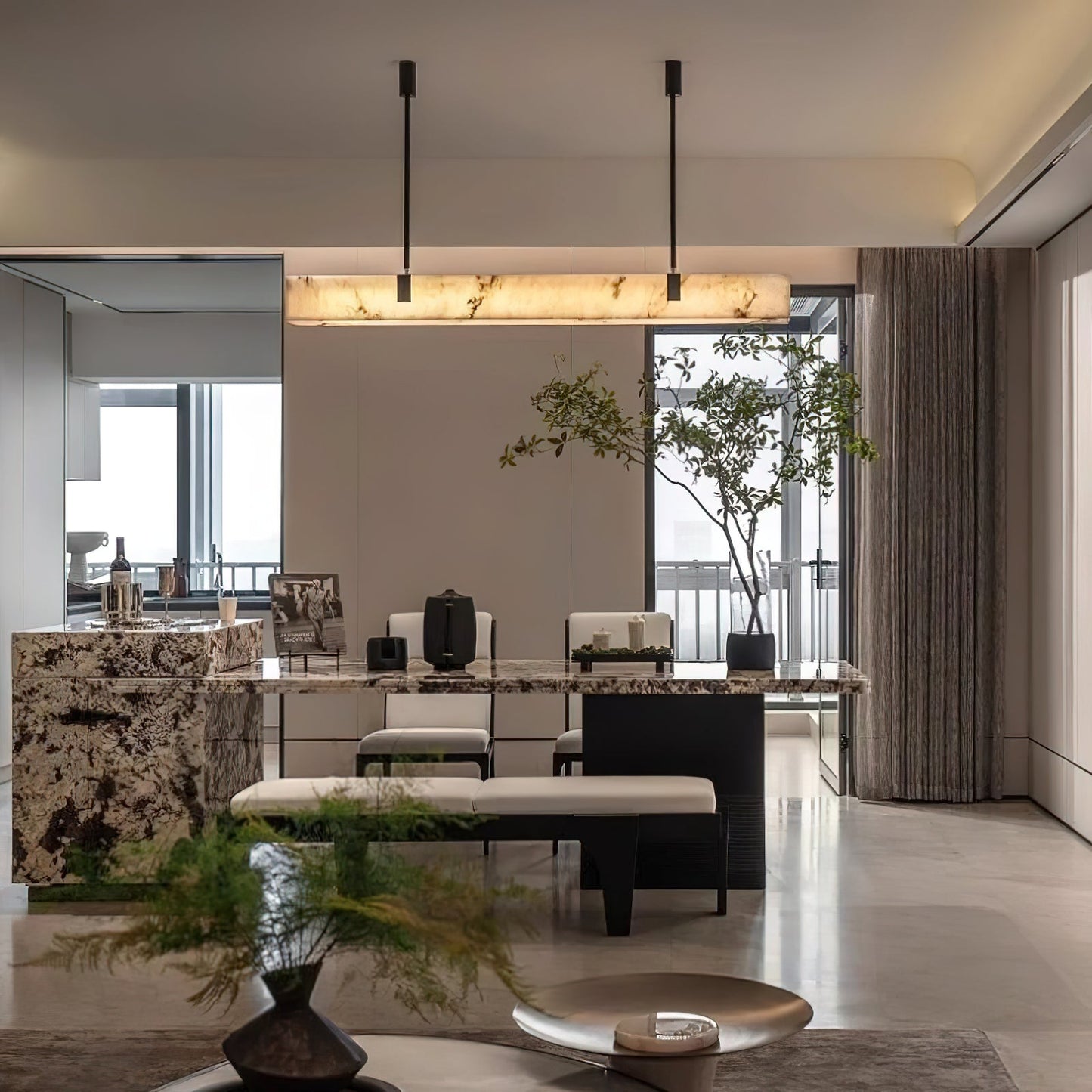 Mission Alabaster Chandelier - Linear Solid Brass & Spanish Alabaster LED Pendant