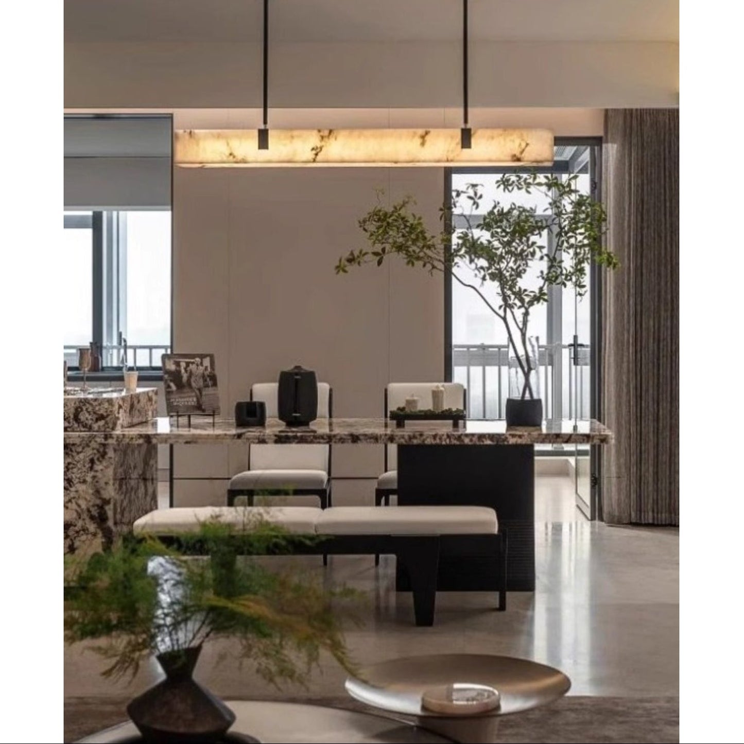 Mission Alabaster Chandelier - Linear Solid Brass & Spanish Alabaster LED Pendant