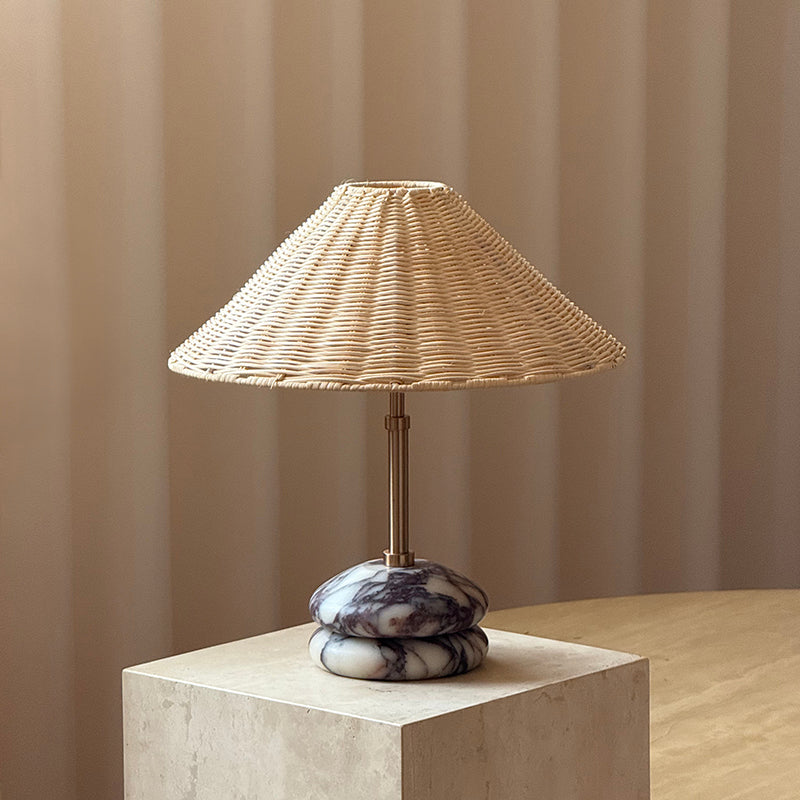 Mission Marble Table Lamp - Pebble Marble Base & Rattan Shade Accent Light