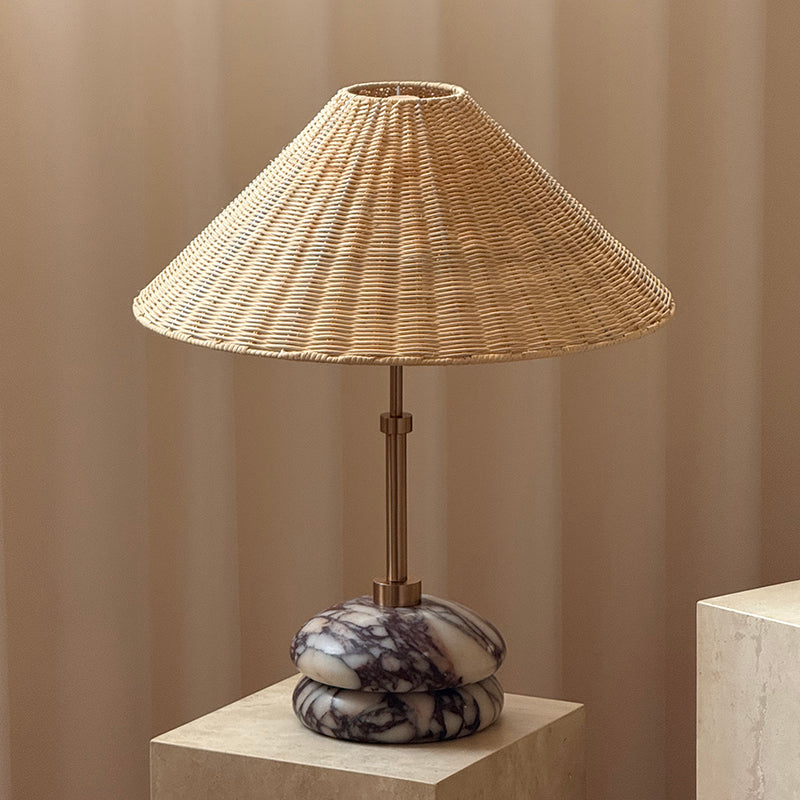 Mission Marble Table Lamp - Pebble Marble Base & Rattan Shade Accent Light