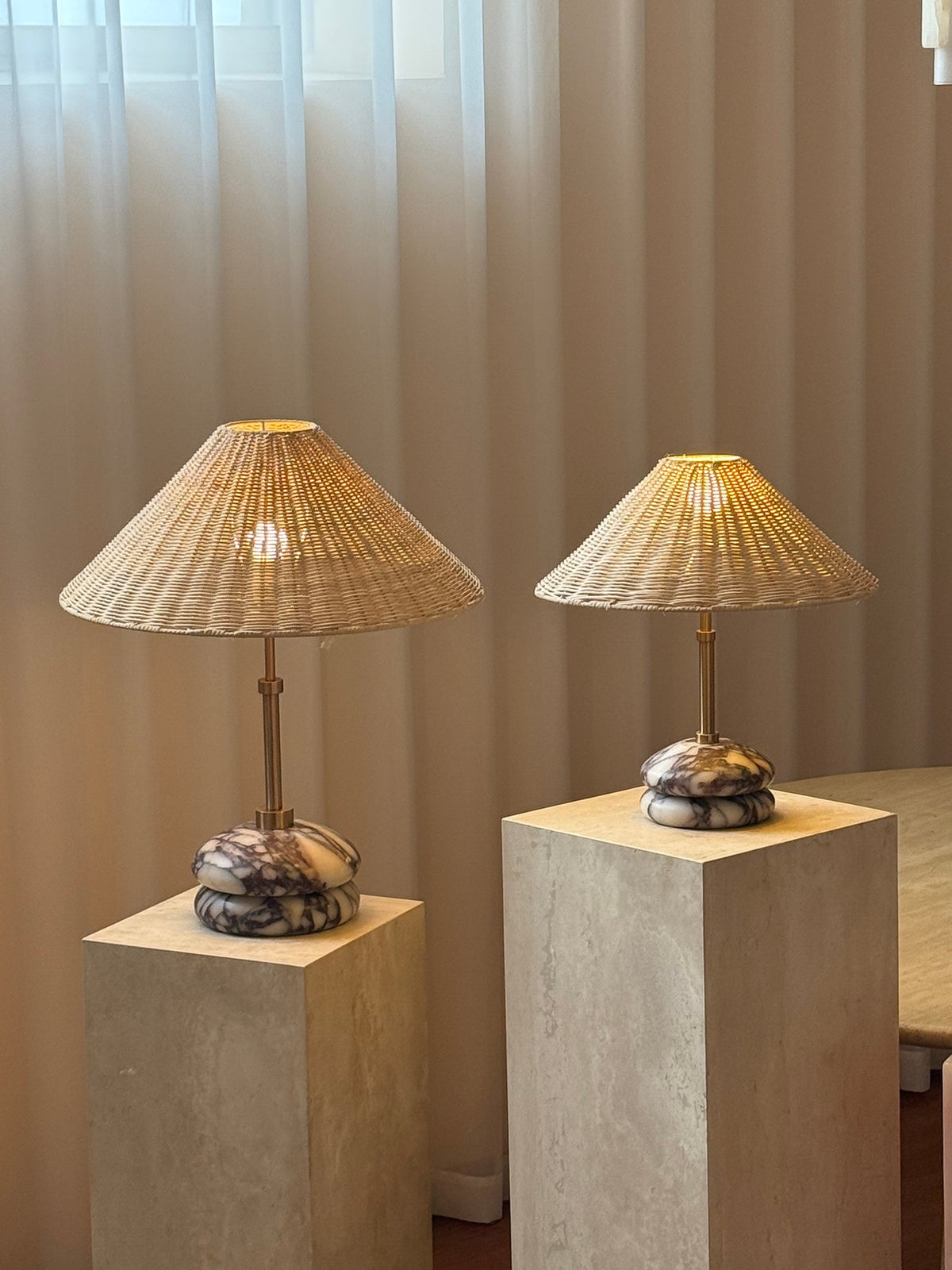 Mission Marble Table Lamp - Pebble Marble Base & Rattan Shade Accent Light
