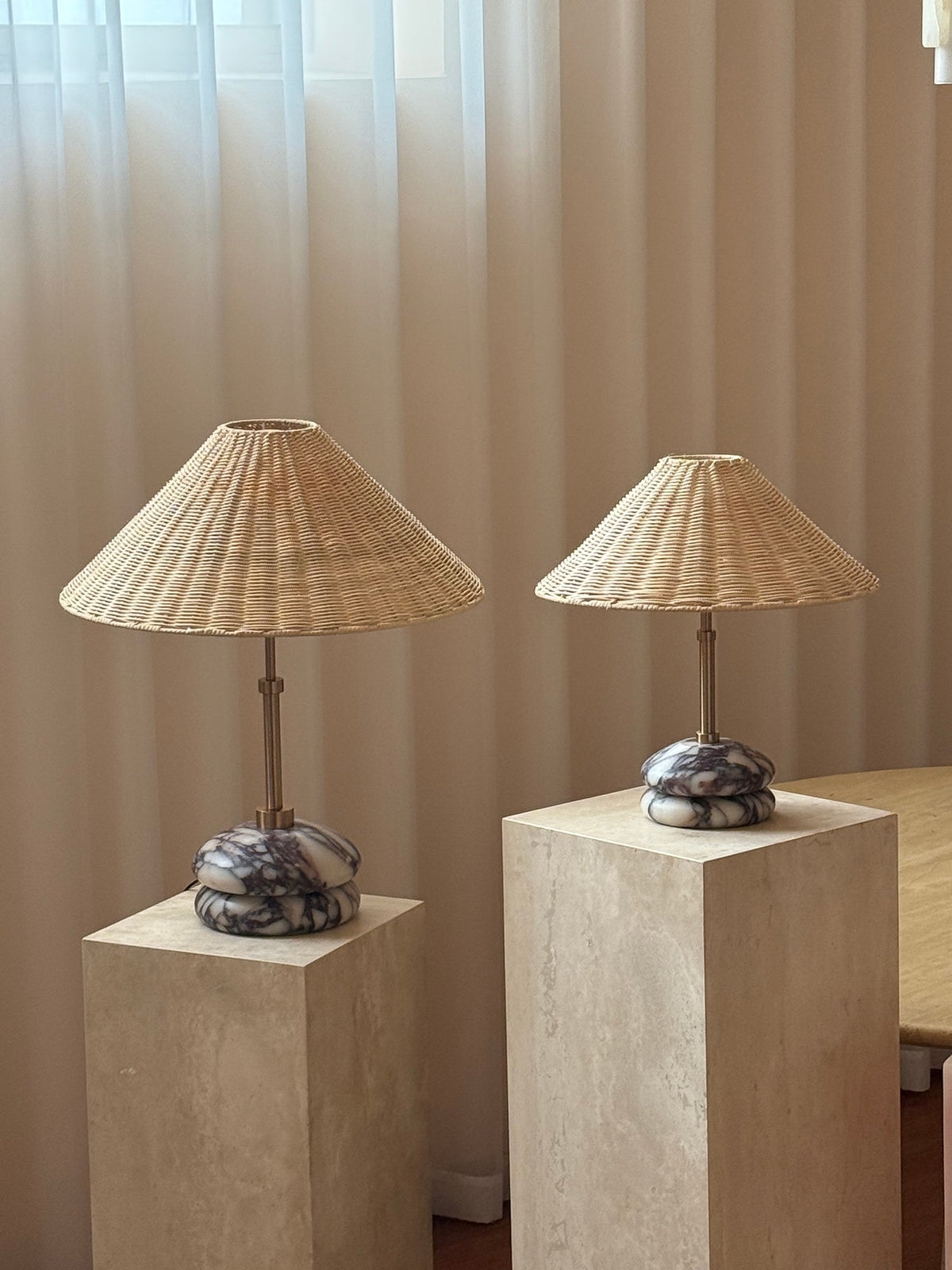 Mission Marble Table Lamp - Pebble Marble Base & Rattan Shade Accent Light