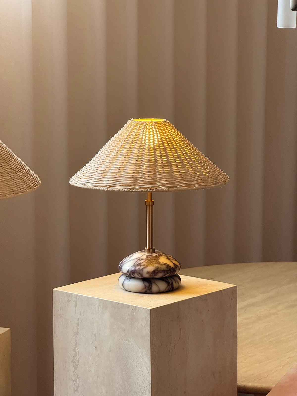 Mission Marble Table Lamp - Pebble Marble Base & Rattan Shade Accent Light