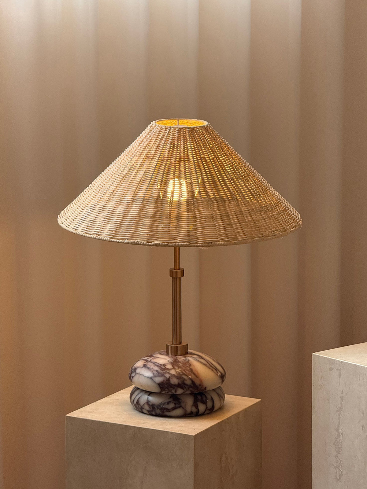 Mission Marble Table Lamp - Pebble Marble Base & Rattan Shade Accent Light