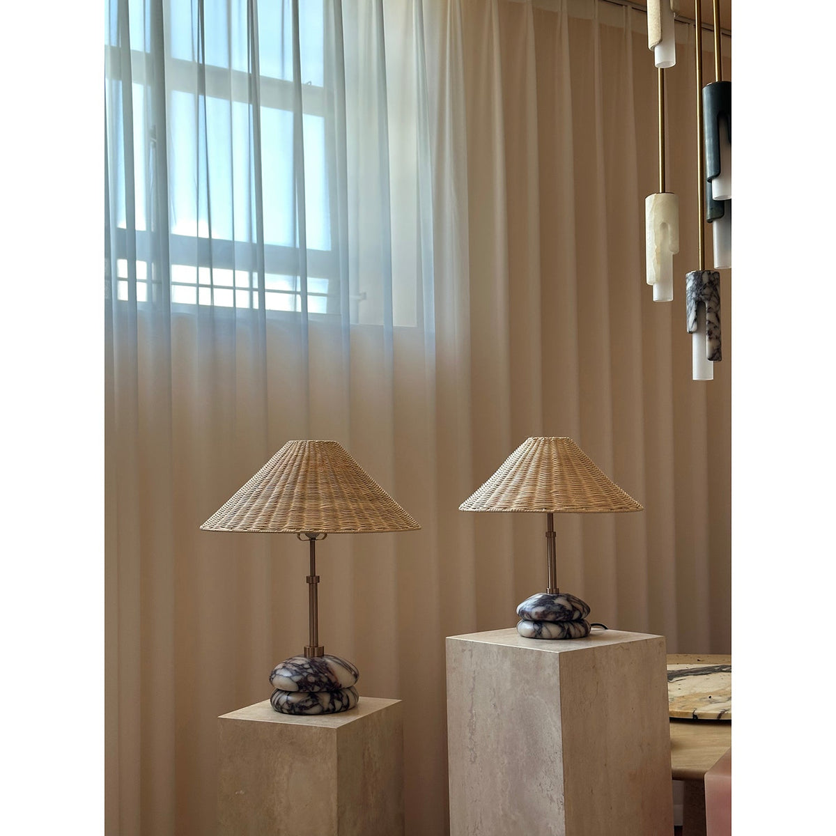 Mission Marble Table Lamp - Pebble Marble Base & Rattan Shade Accent Light