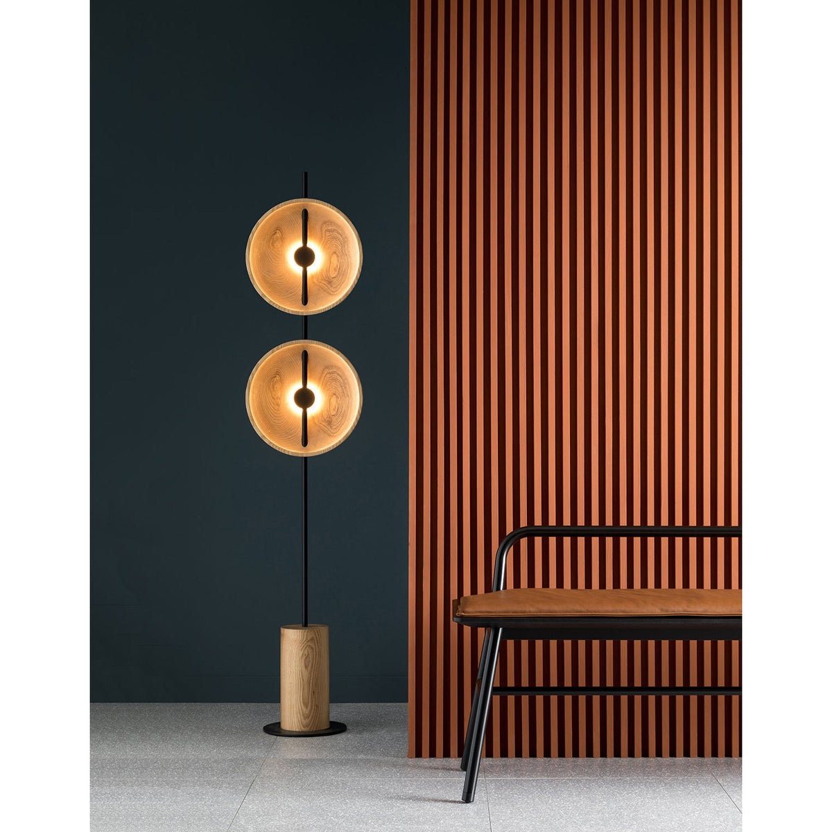 Mito Floor Lamp - Minimalist Sculptural Dual Wood Shade & Iron LED Light