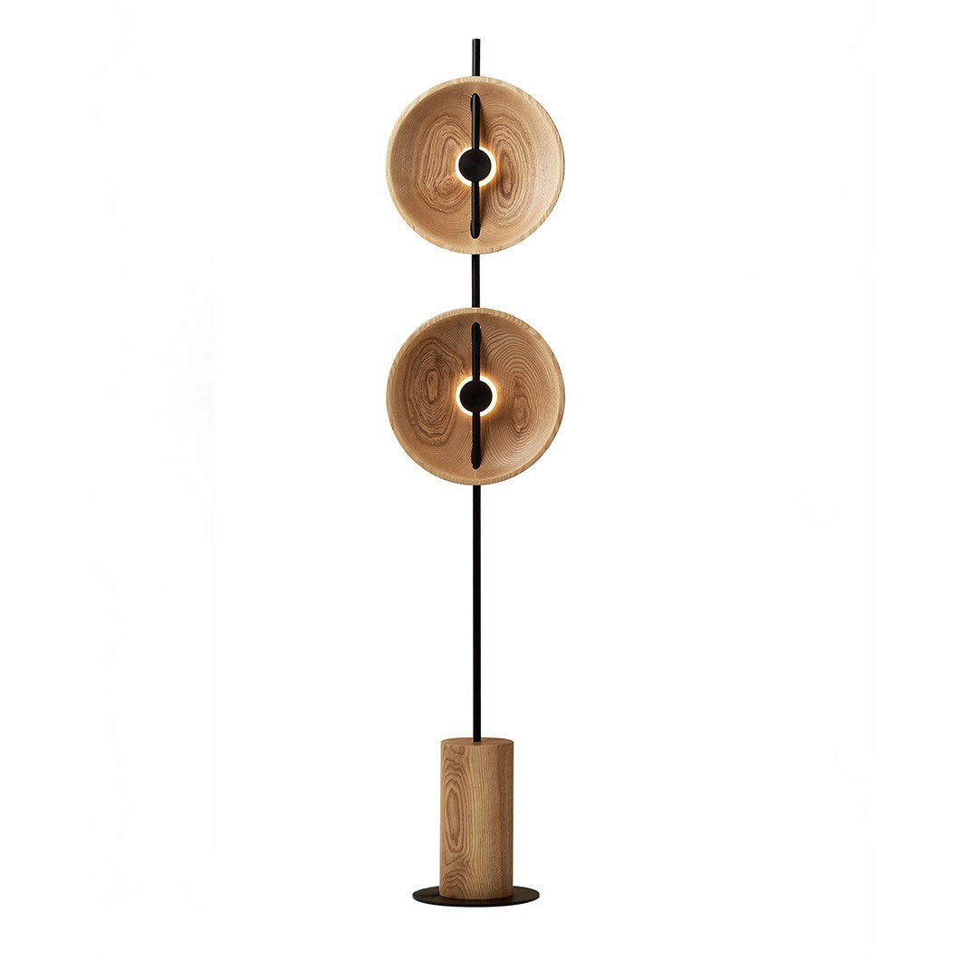 Mito Floor Lamp - Minimalist Sculptural Dual Wood Shade & Iron LED Light