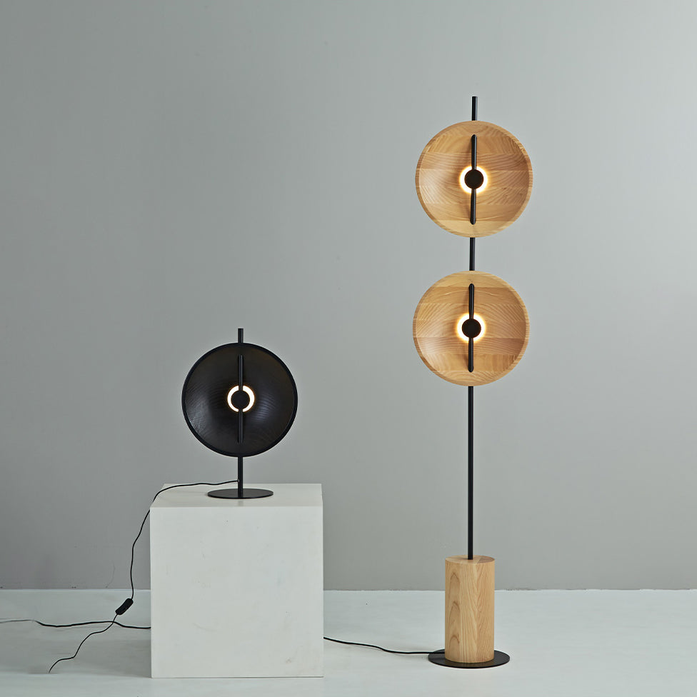 Mito Floor Lamp - Minimalist Sculptural Dual Wood Shade & Iron LED Light
