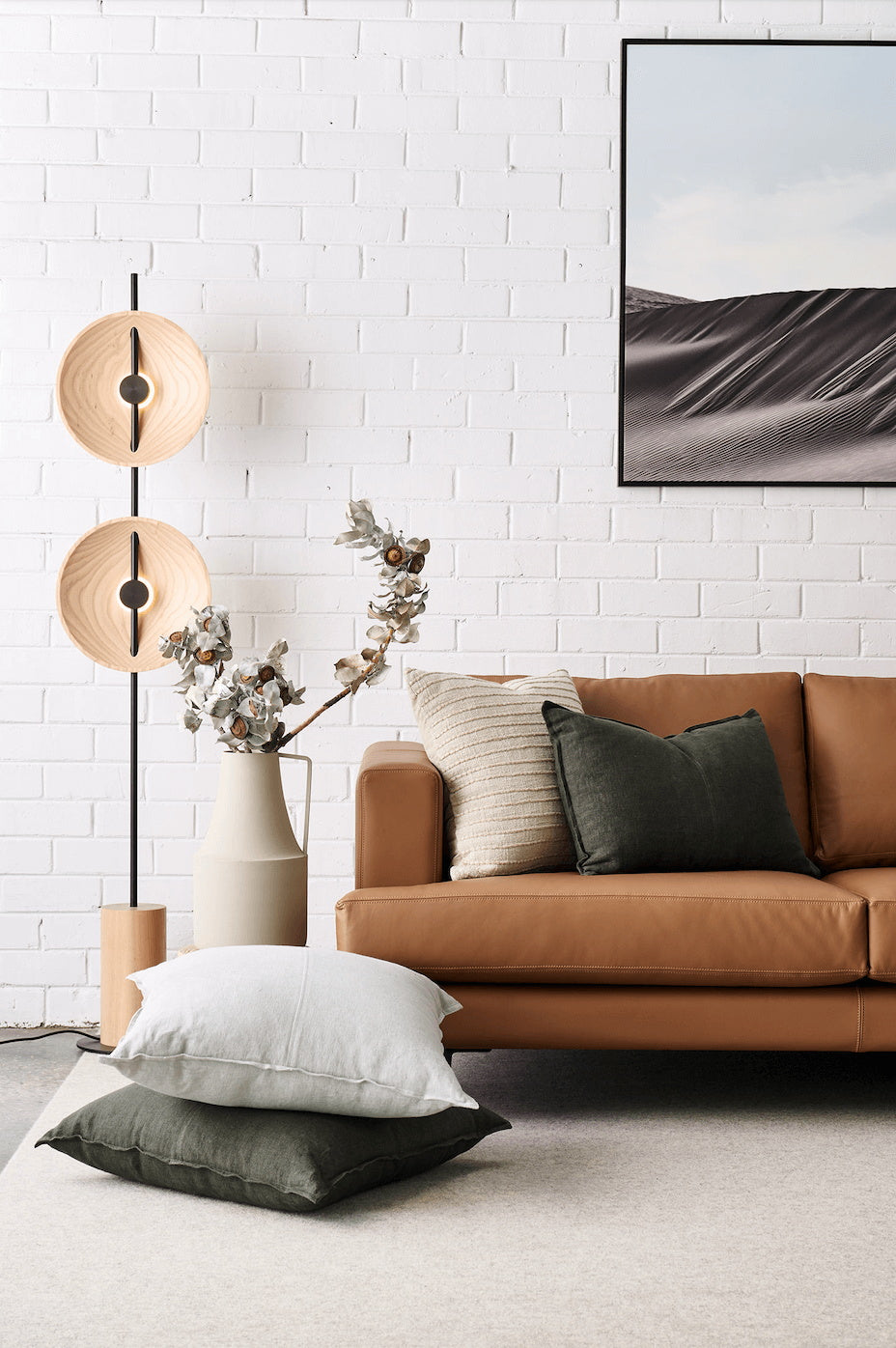 Mito Floor Lamp - Minimalist Sculptural Dual Wood Shade & Iron LED Light