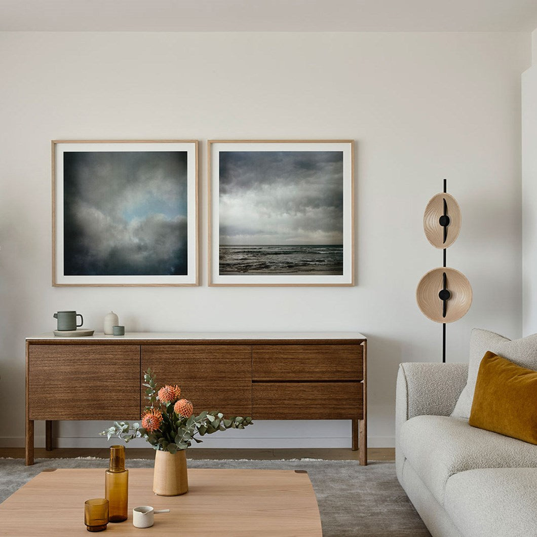 Mito Floor Lamp - Minimalist Sculptural Dual Wood Shade & Iron LED Light