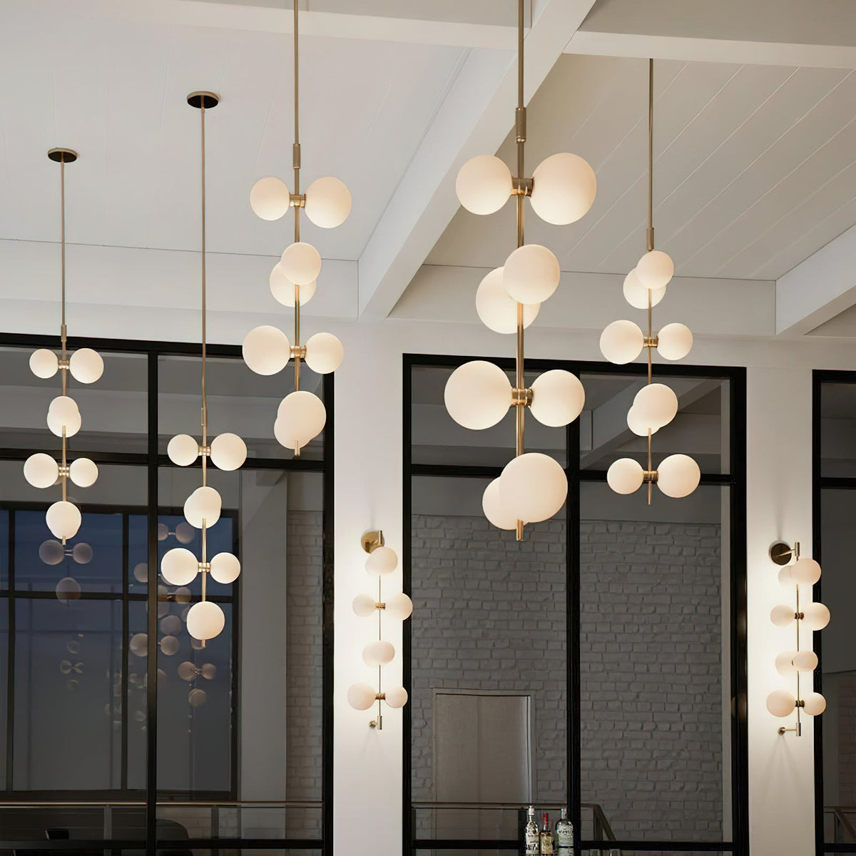 ModernRail Pendant Lamp - Aged Brass & Opal Glass Globe Column Light