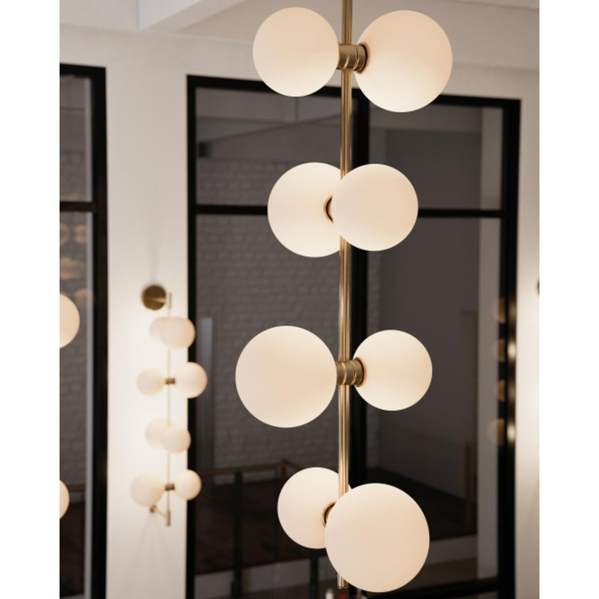 ModernRail Pendant Lamp - Aged Brass & Opal Glass Globe Column Light