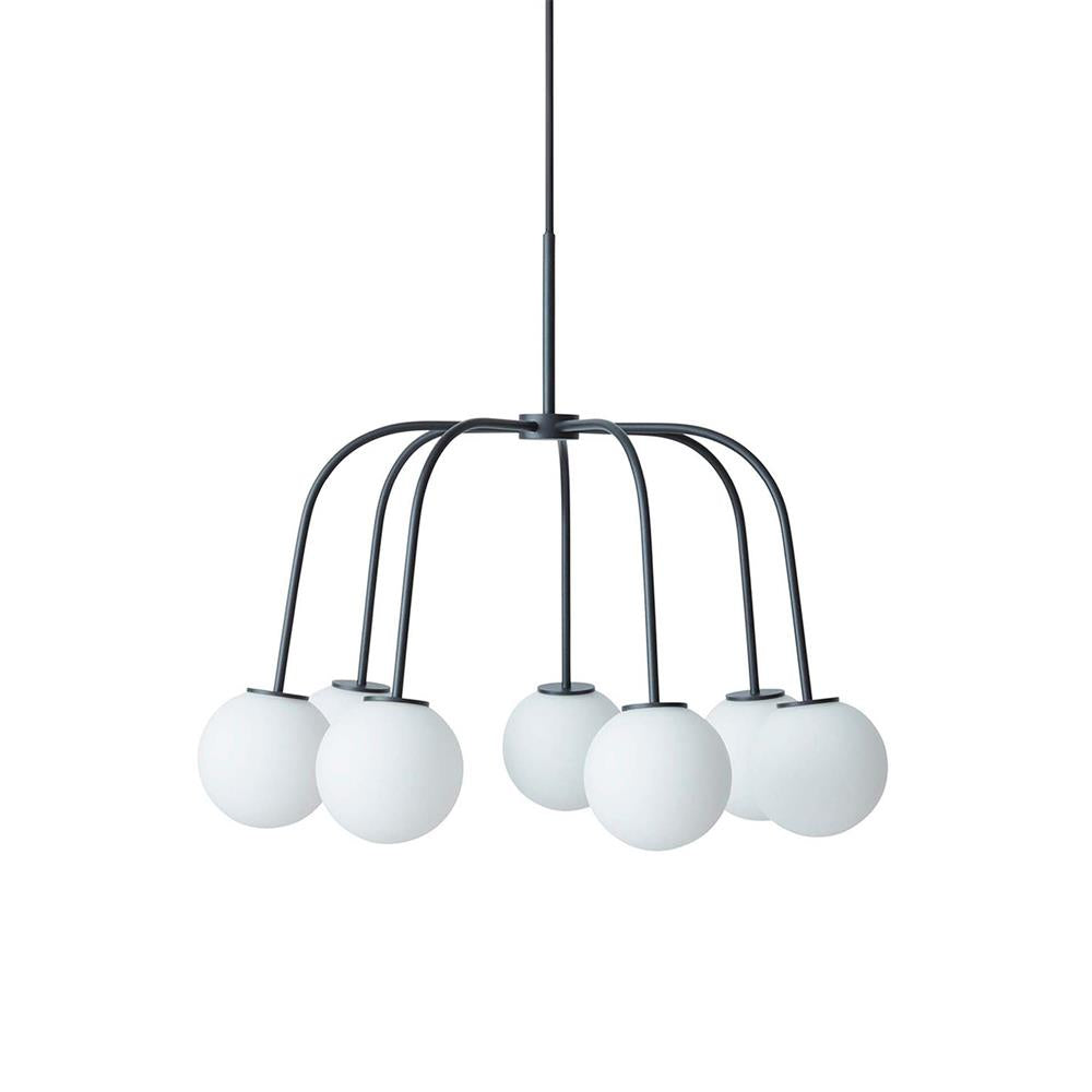 Modern Octopus Chandelier - Sculptural Black & 7-Globe White Glass Pendant