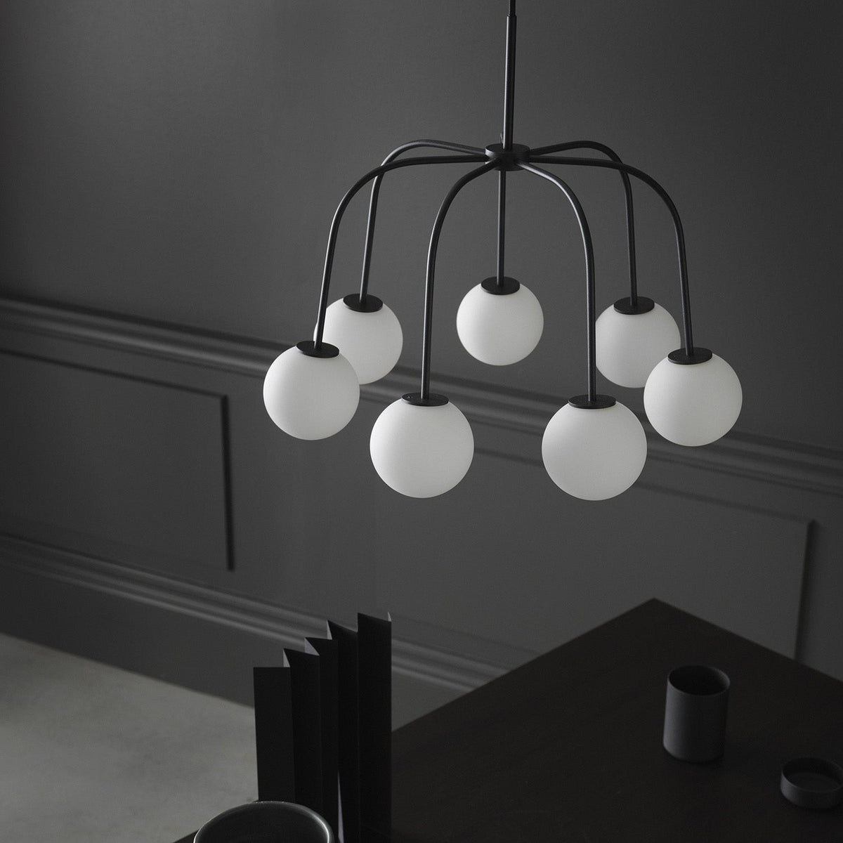 Modern Octopus Chandelier - Sculptural Black & 7-Globe White Glass Pendant