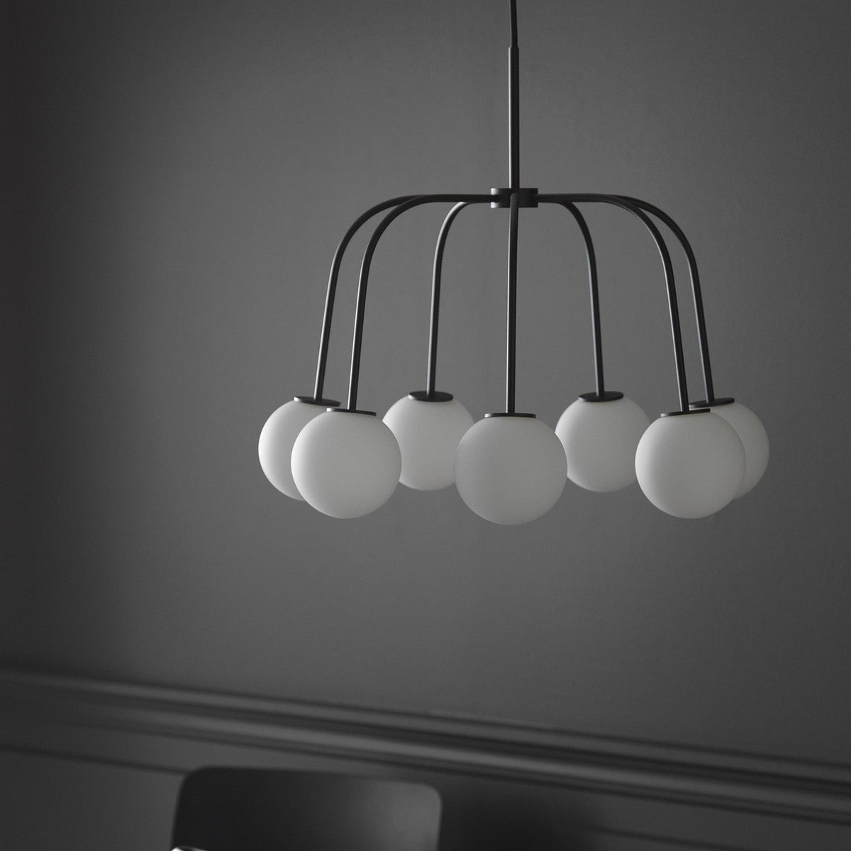 Modern Octopus Chandelier - Sculptural Black & 7-Globe White Glass Pendant