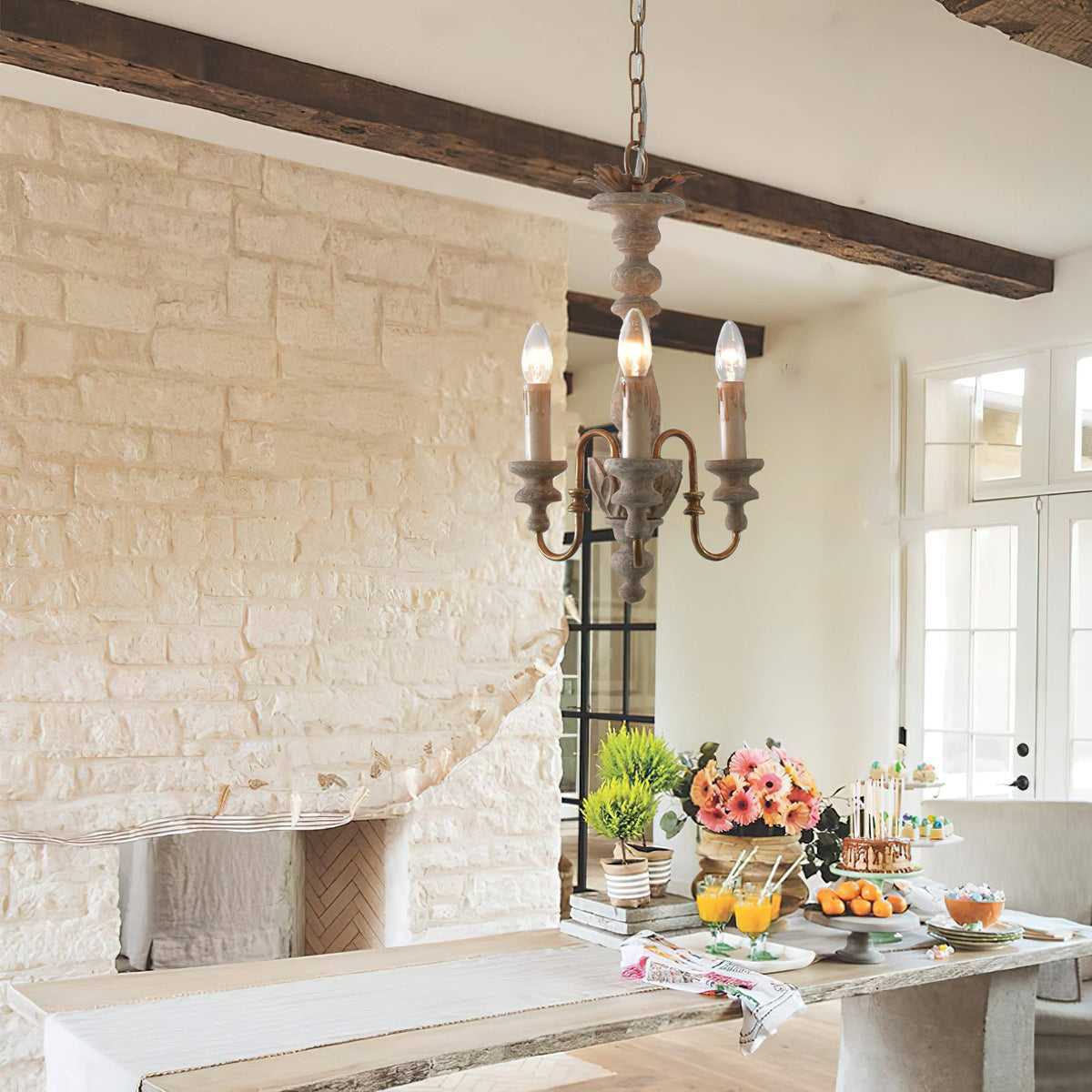 Modway Bountiful Pendant Light - Hand-Carved Wood & Gold Candelabra Light
