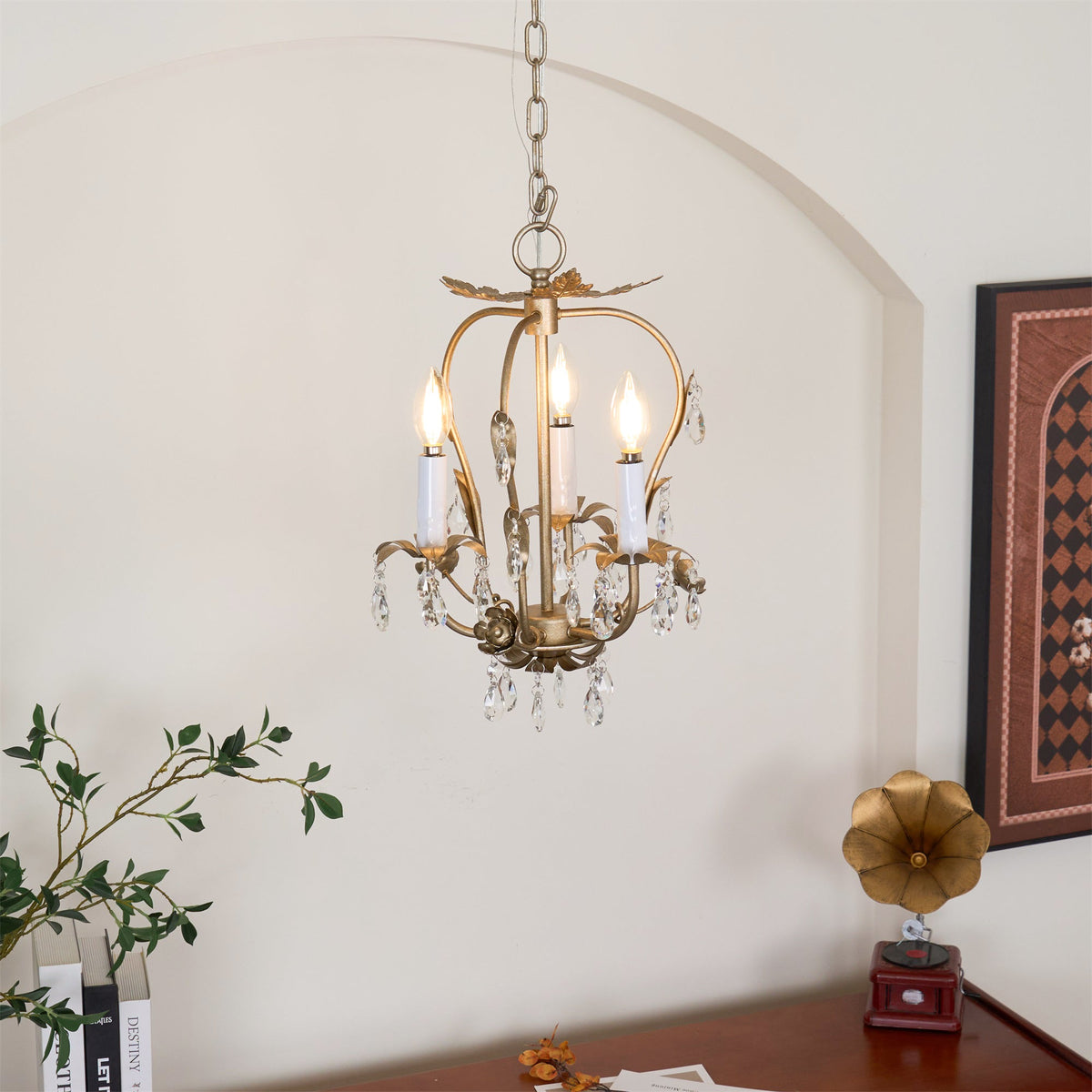 Monteleone Chandelier - Compact Gold Iron & Faceted Crystal 3-Light Pendant