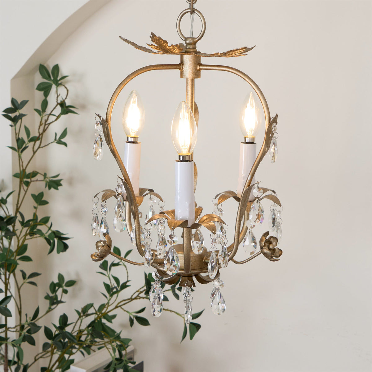 Monteleone Chandelier - Compact Gold Iron & Faceted Crystal 3-Light Pendant