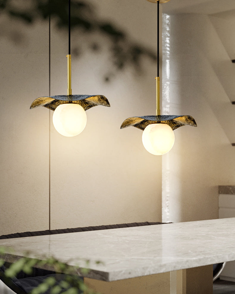 Montera Alabaster Pendant Light - Biomorphic Curved Stone & Brass Light
