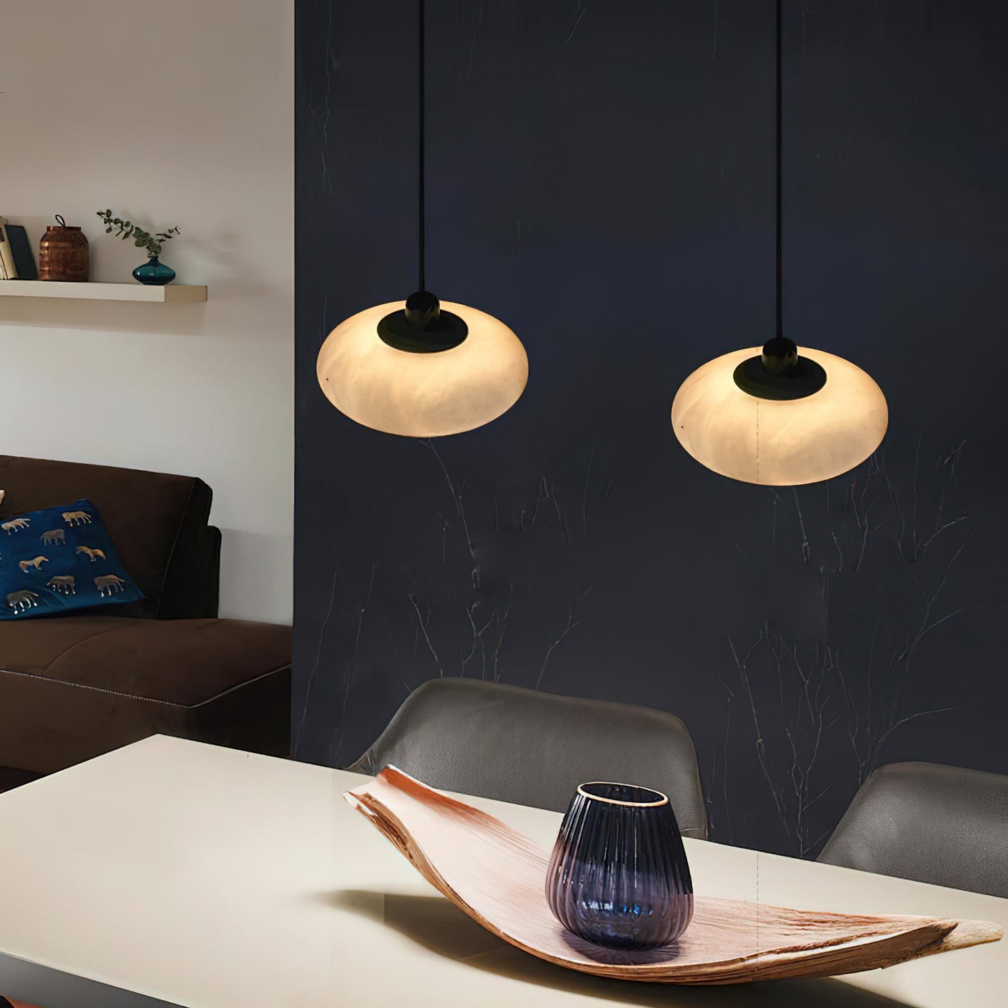 Moonstone Alabaster Pendant Lamp - Natural Spanish Stone & Brass Pendant | Modern Organic