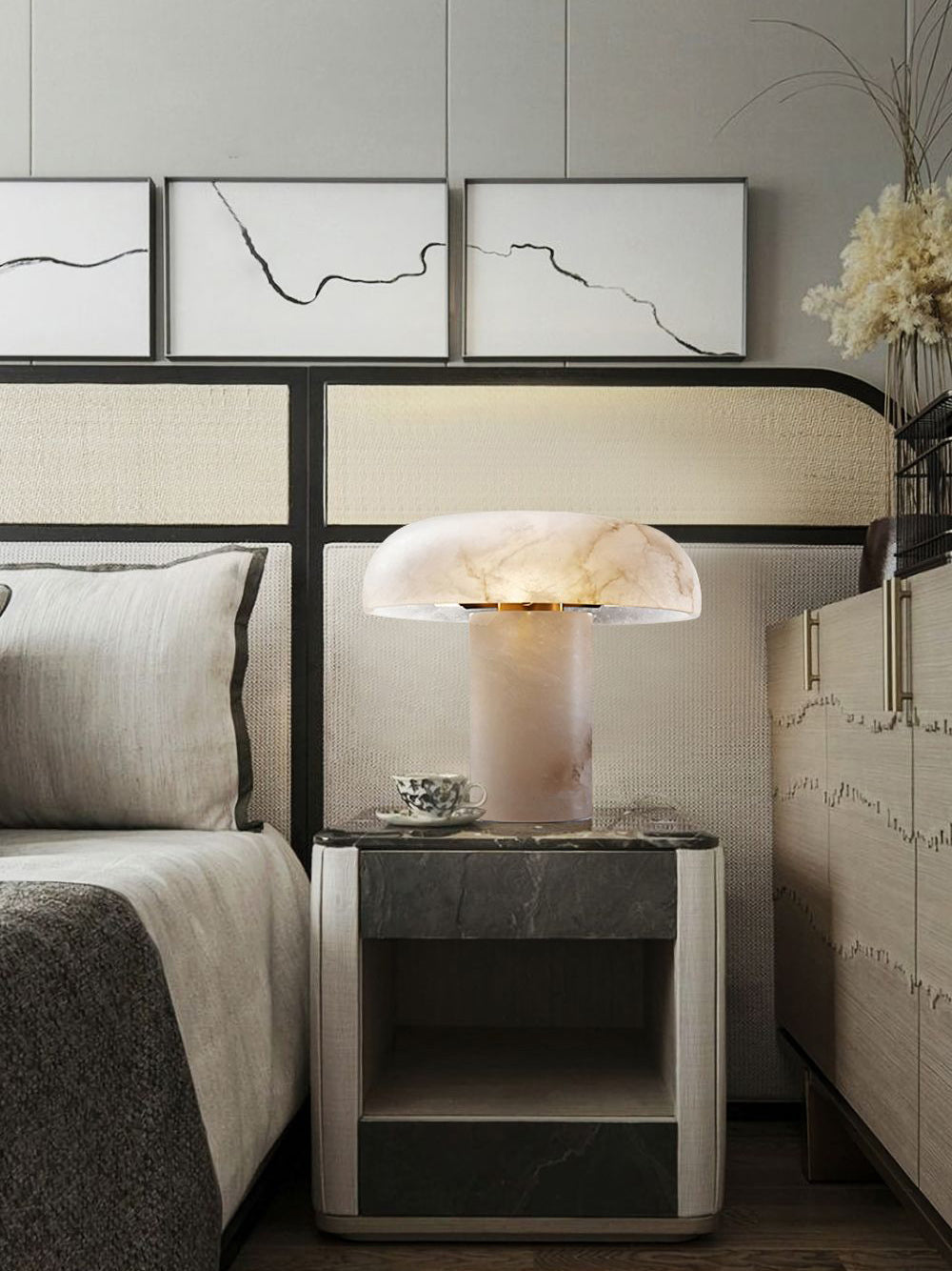 Mushroom Type Alabaster Table Lamp - Spanish Cloud Stone & Brass Desk Light | Modern Organic