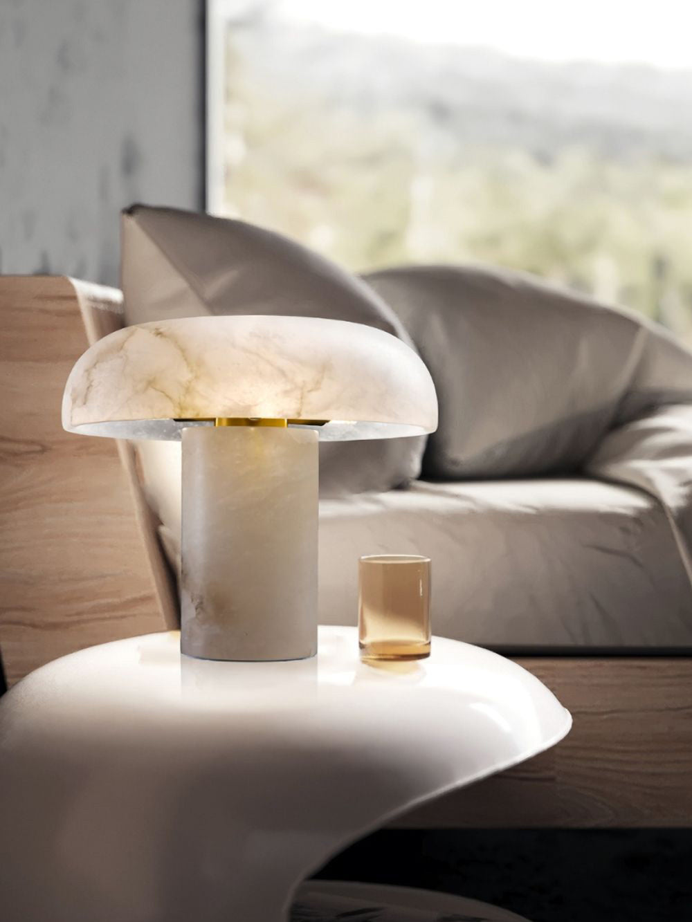 Mushroom Type Alabaster Table Lamp - Spanish Cloud Stone & Brass Desk Light | Modern Organic