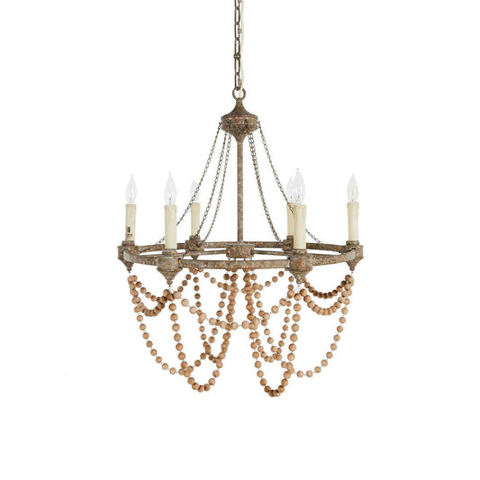 Nadia Chandelier - Rust Brown Wagon Wheel Wooden Bead 6-Light Chandelier