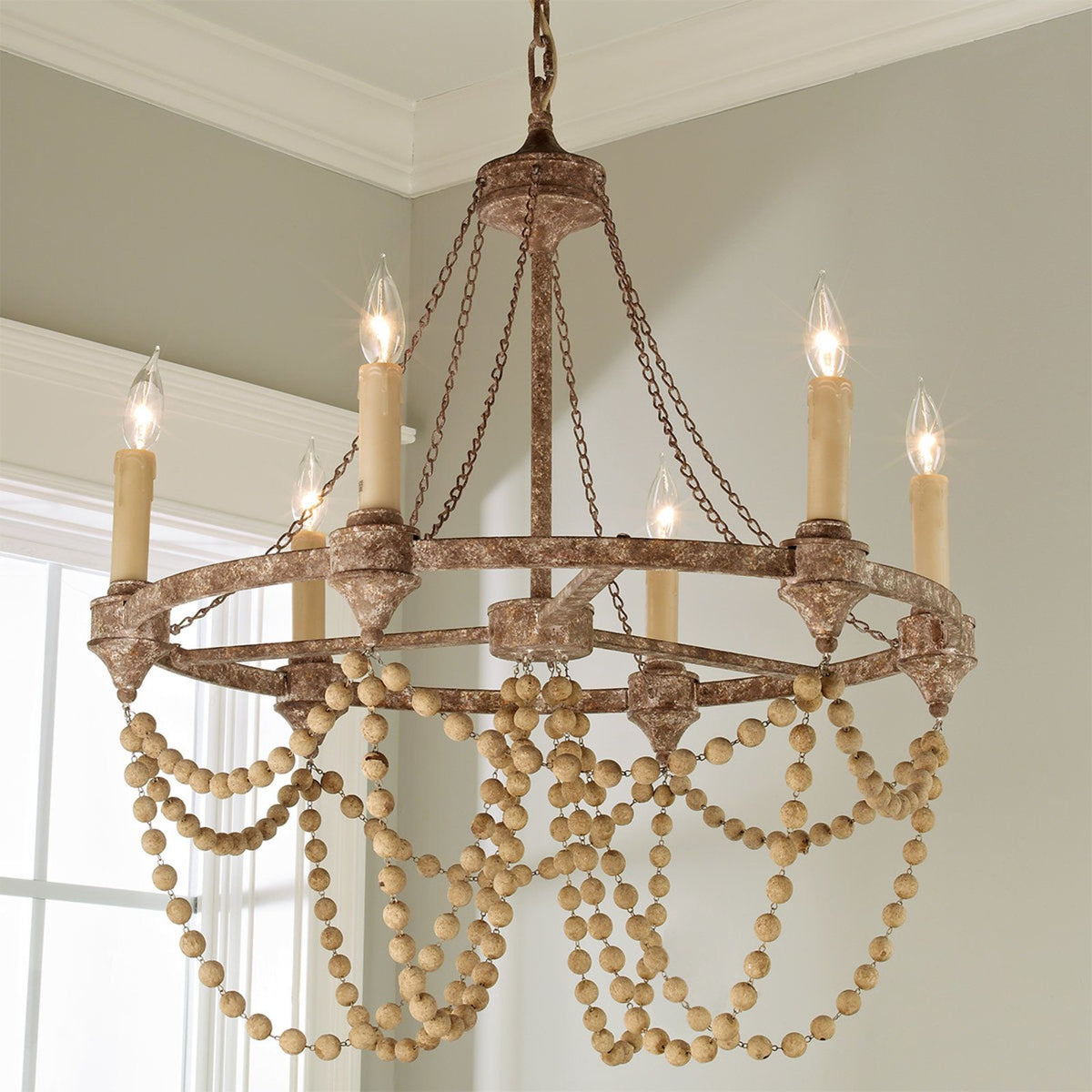 Nadia Chandelier - Rust Brown Wagon Wheel Wooden Bead 6-Light Chandelier
