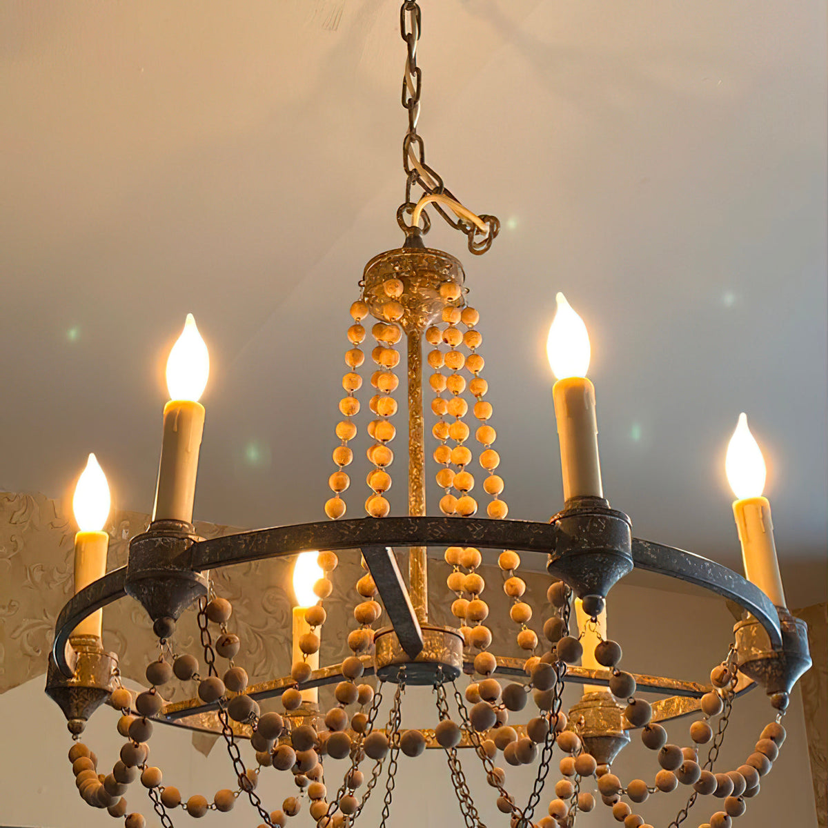 Nadia Chandelier - Rust Brown Wagon Wheel Wooden Bead 6-Light Chandelier
