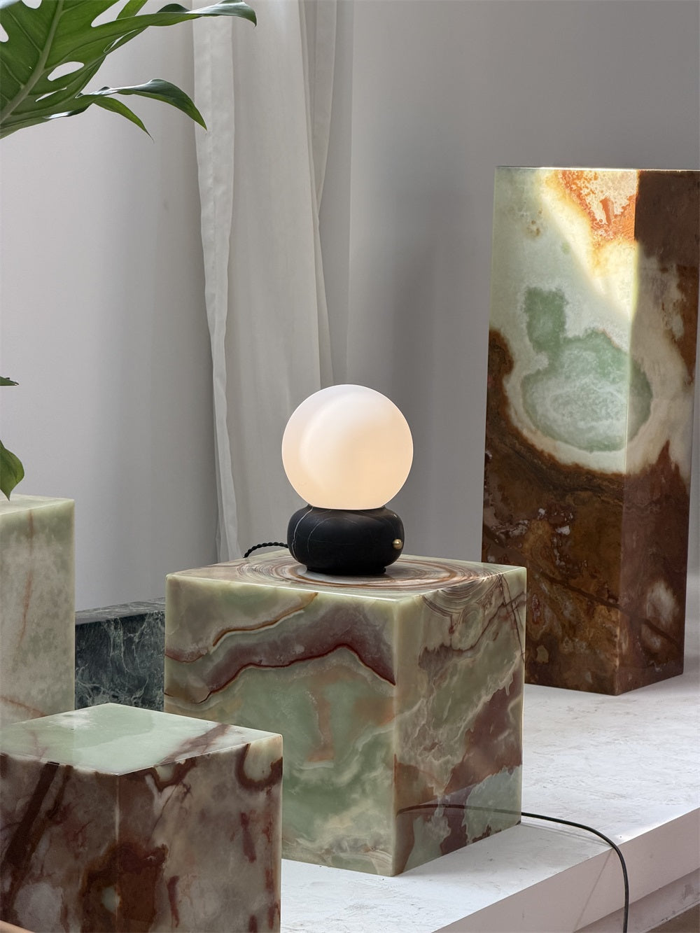 Naga Table Lamp - Hand-Sculpted Natural Marble & Opal Glass Light