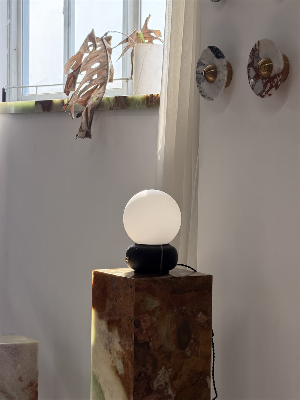 Naga Table Lamp - Hand-Sculpted Natural Marble & Opal Glass Light