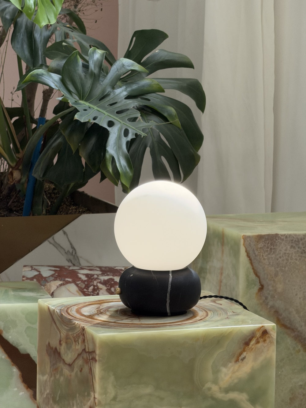 Naga Table Lamp - Hand-Sculpted Natural Marble & Opal Glass Light